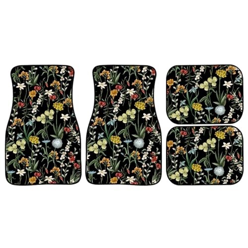 Wildflower Car Floor Mats Set of 4 Vintage Wild Herbs and Yellow Red White
