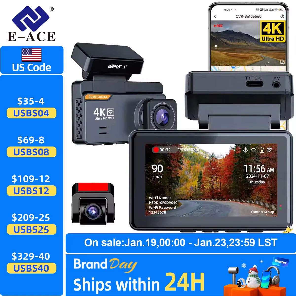 Dash Cam 4K 3 Inch Mini Car Dvr Dual Lens with GPS WIFI 24H Parking 1080P Rear V
