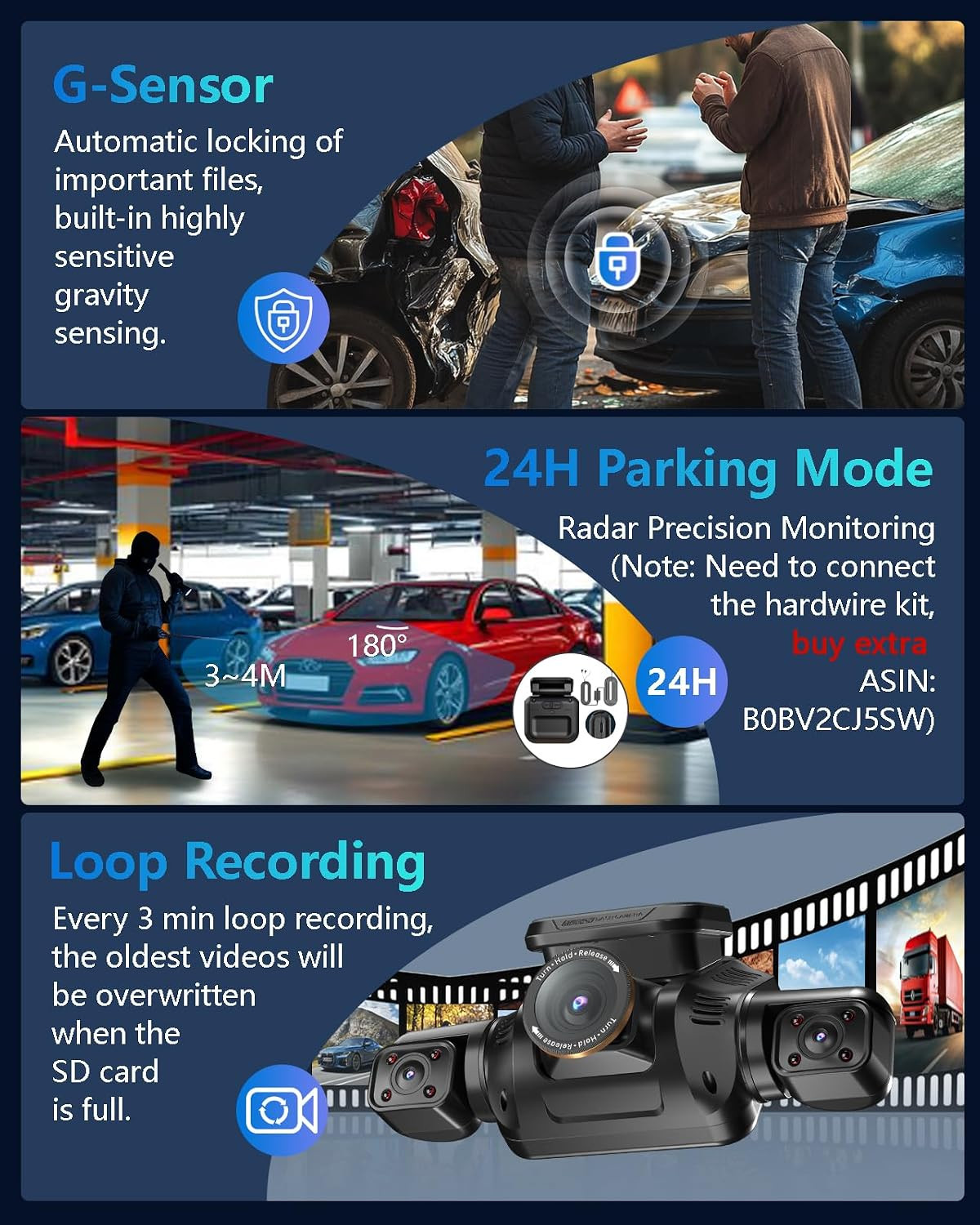 AI Dash Cam Front Rear inside with Driver Monitor System, 360° Car Camera 4K, 4