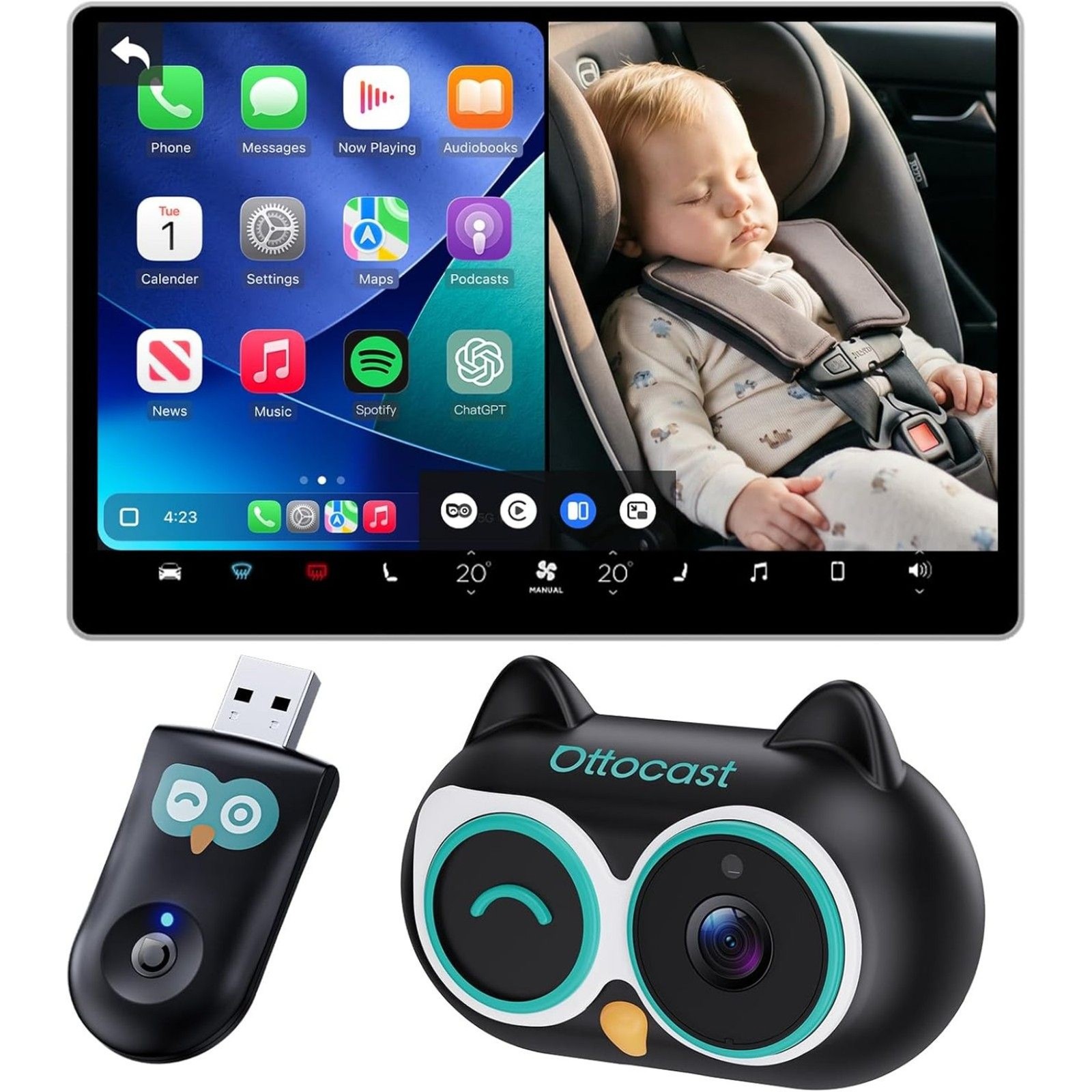 Ottocast Cabin Care 2-in-1 Wireless CarPlay Adapter & 1080P Baby Car Camera