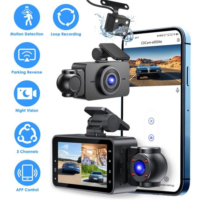 140 Deg 3 Channel Dash Cam for Cars 1080P Full HD Front Camera with 480P Inte…