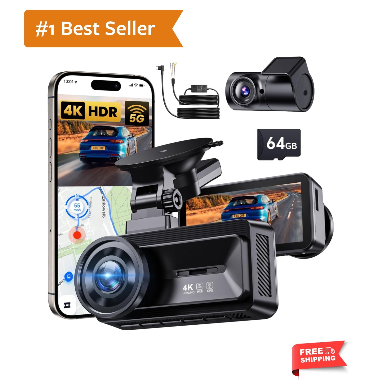 Dash Cam Front Rear – 4K STARVIS Sensor Dashcam,Free 64GB Card, Built-in 5G W…