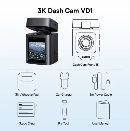Baseus VD1 3K Dash Cam Front Rear GPS Car DVR Recorder 24H Parking Monitor
