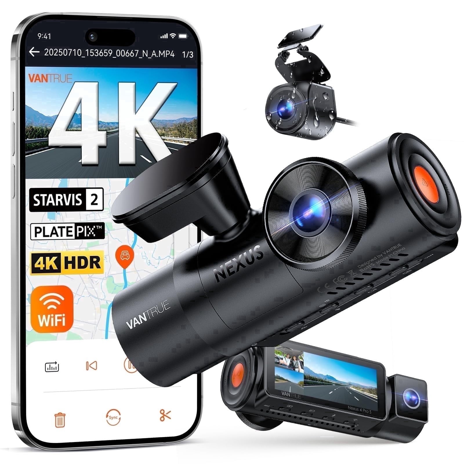 Vantrue N4 Pro S 4K 3 Channel Dash Cam Front Rear Inside STARVIS 2 HDR WiFi GPS