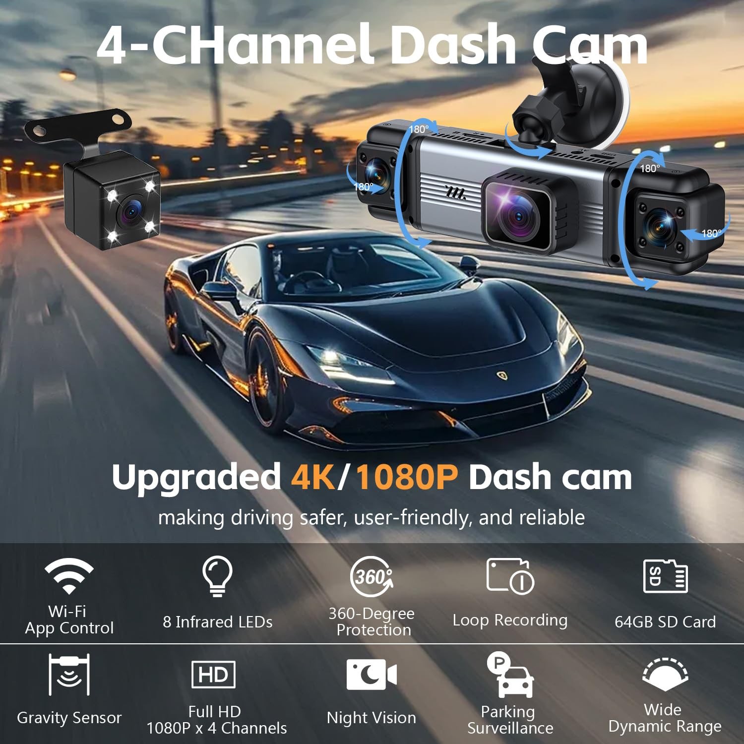 4 Channel 360° Dash Cam Front Rear Inside & Left Right 4K+1080P*3 FHD Car Cam…