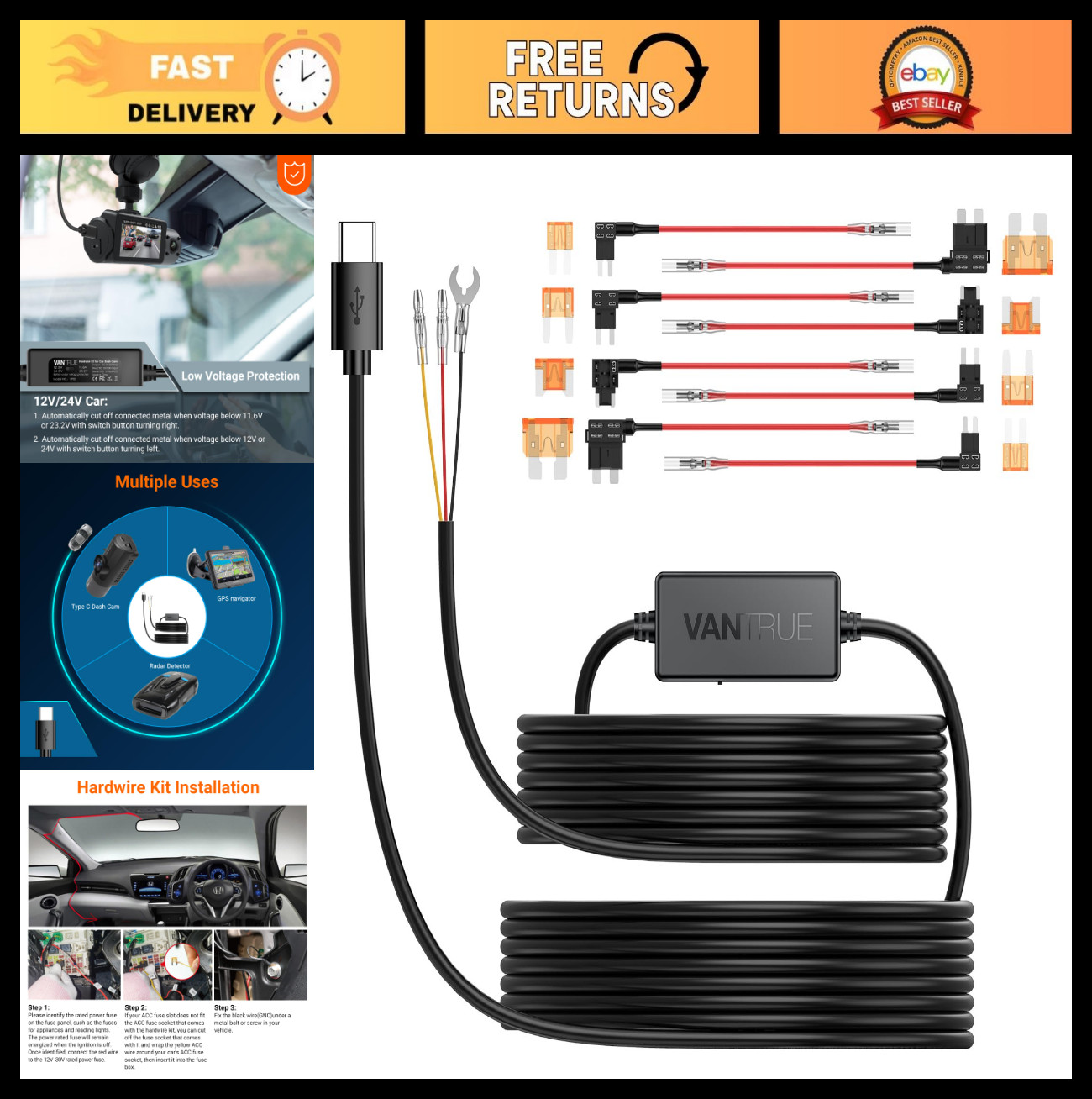 USB-C Hardwire Kit 11.5ft for Dashcams, 12V-24V to 5V, Low Voltage Protection, A