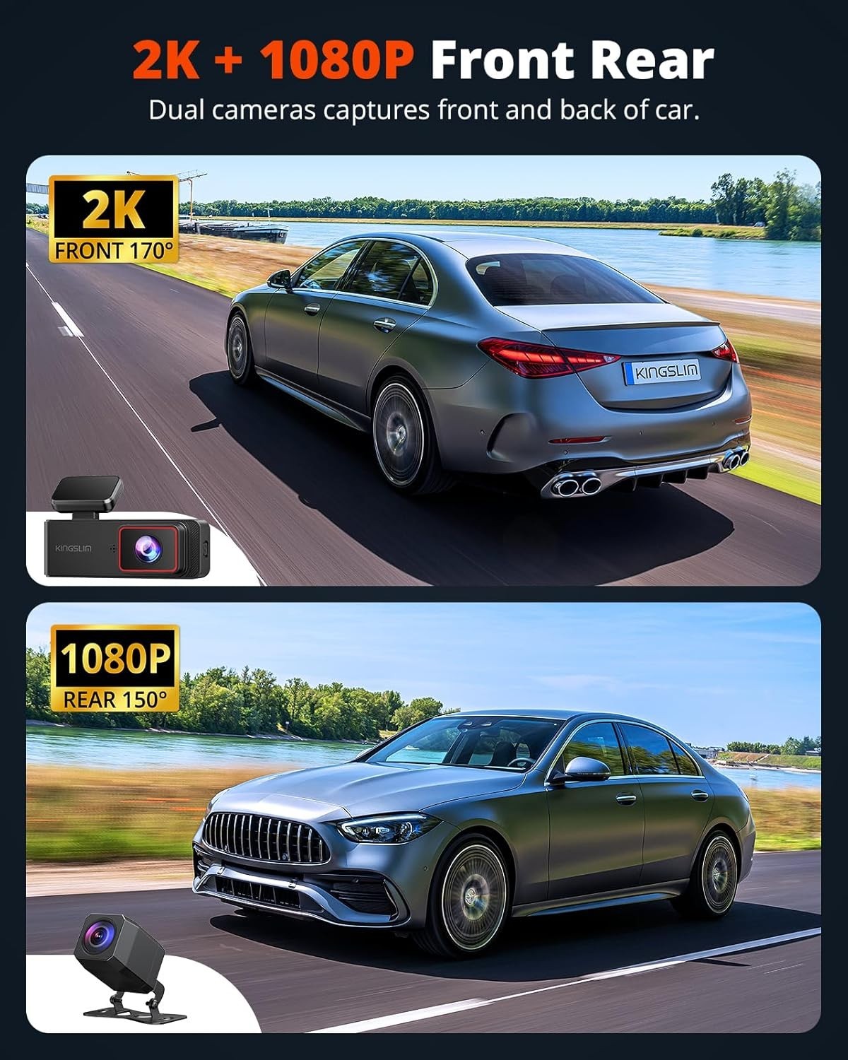 WiFi Enabled 2K Dash Camera – Front & Rear Recording with Time Lapse & 64GB Card