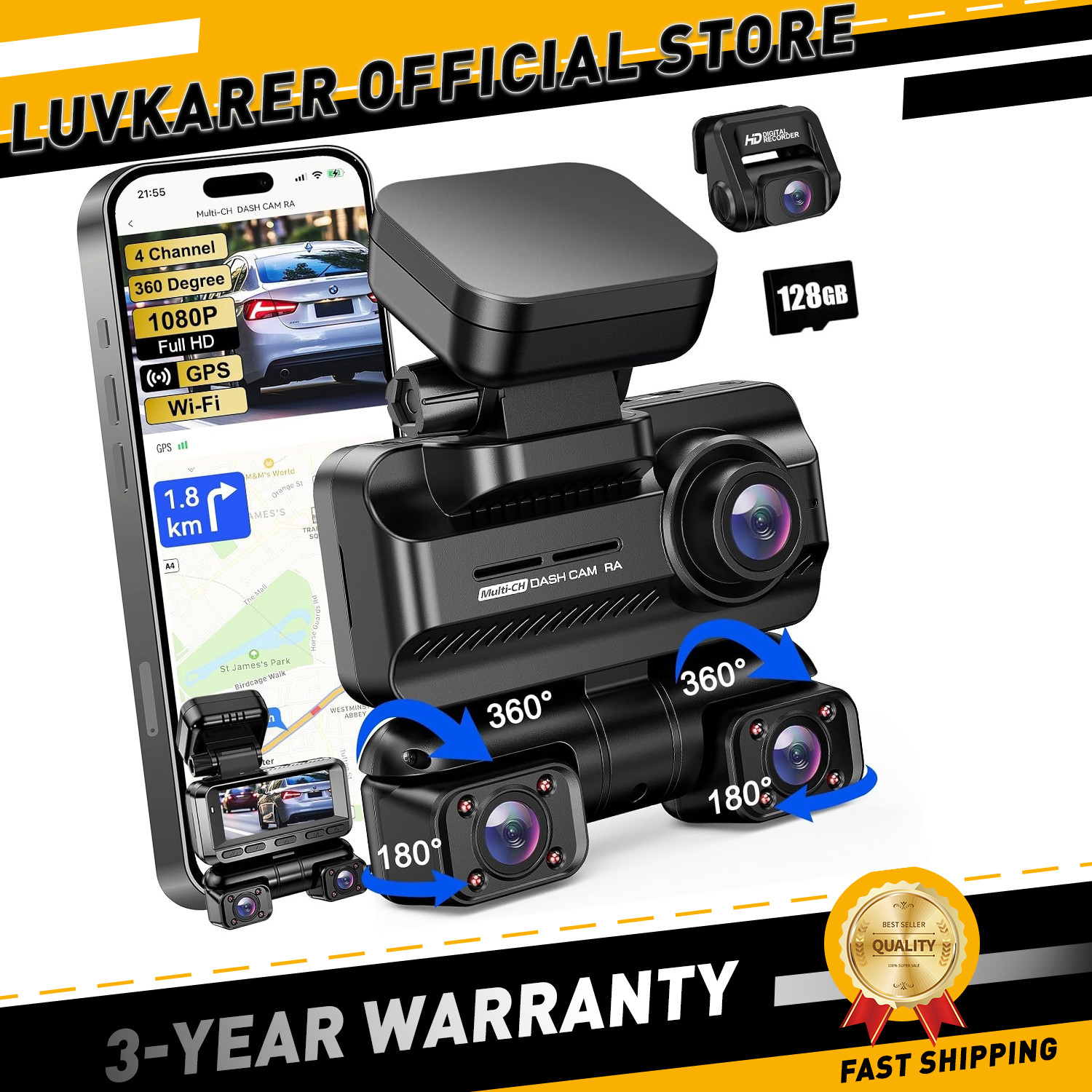 Dash Cam 4 Channel 360° Front Rear Inside DashCam 3.18” IPS Screen WDR Night