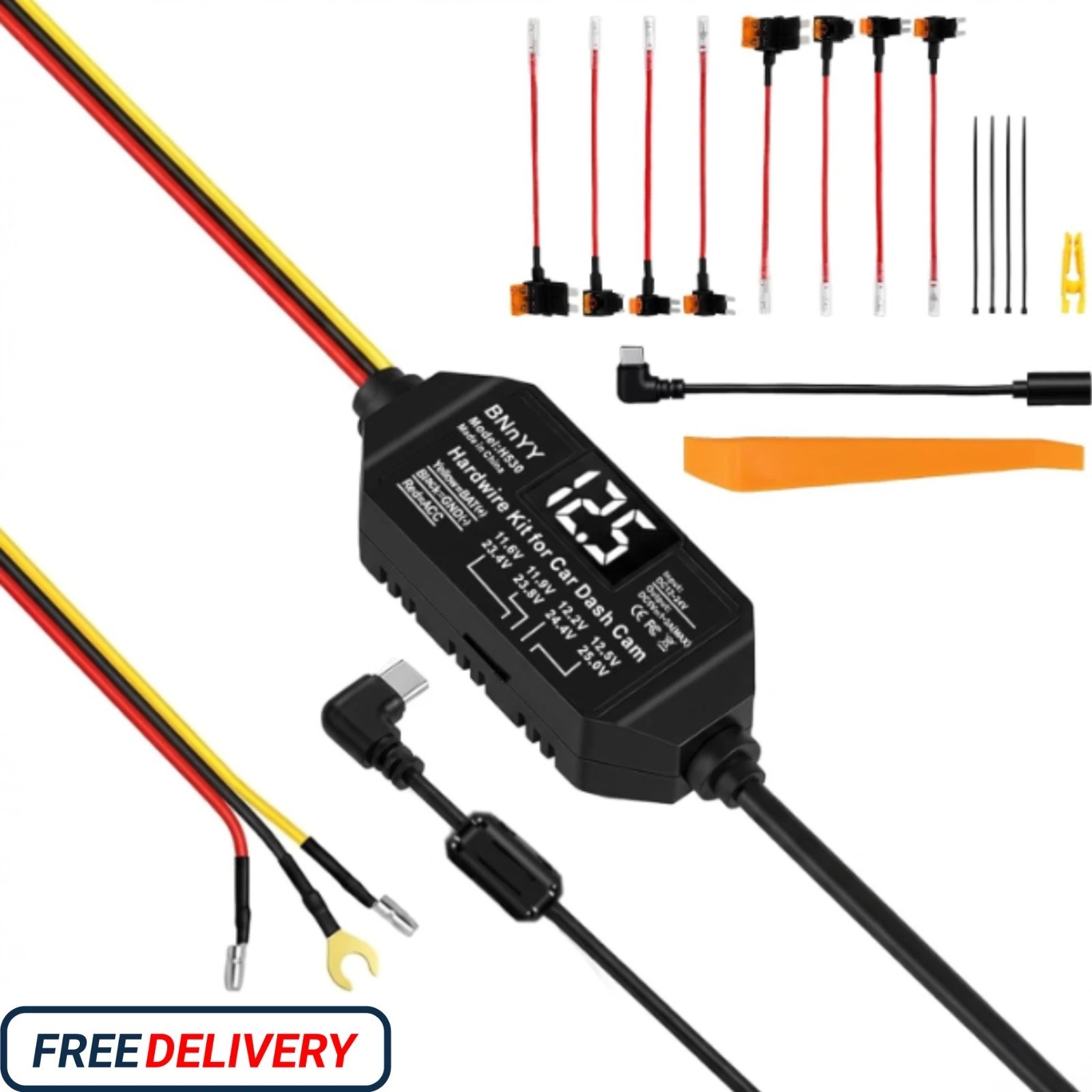 USB C Dash Cam Hardwire Kit w/ Low Voltage Protection, ACC Detection, LED Voltme