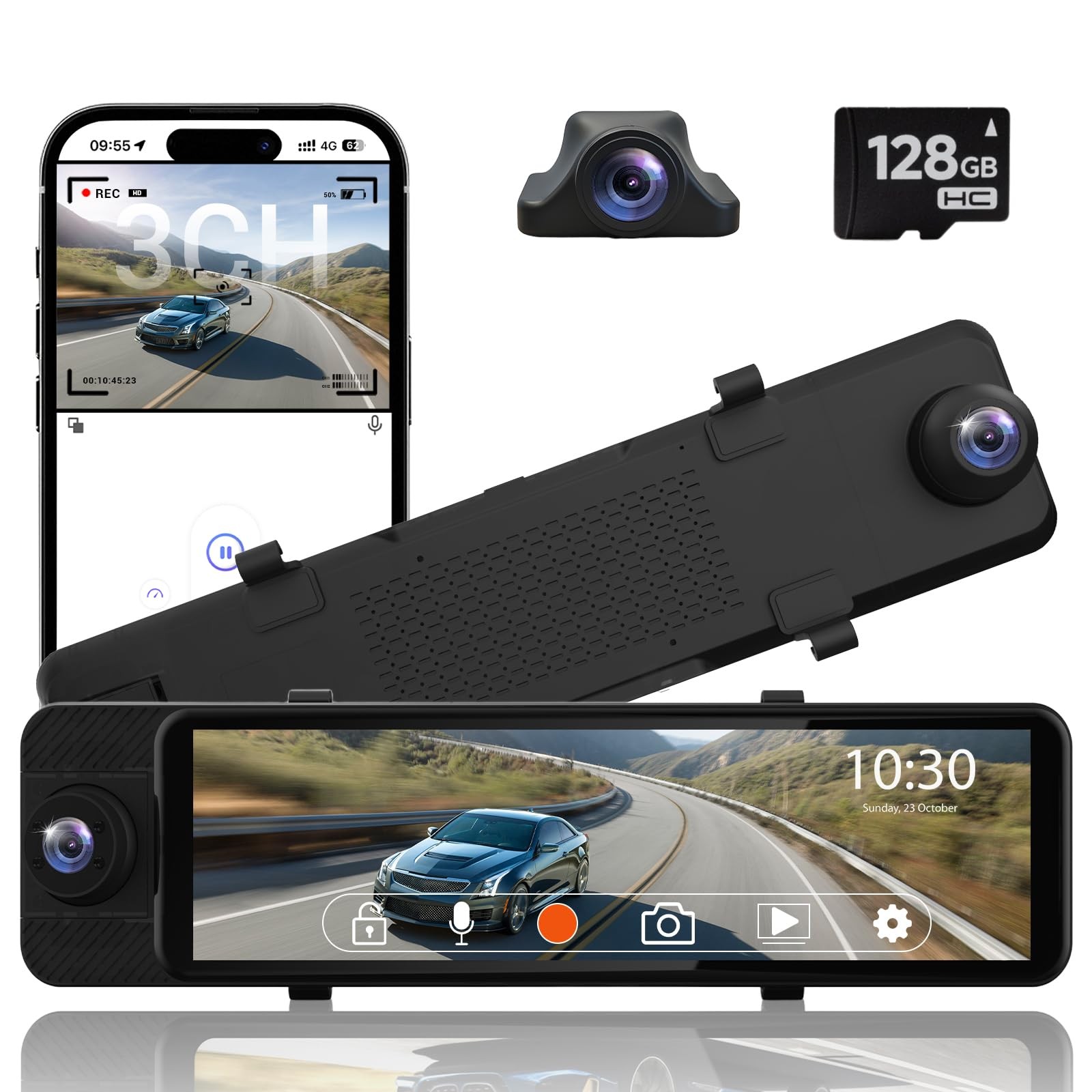 Rear View Mirror Camera, 3 Channel Mirror Dash Cam Front Rear and Inside, 11″