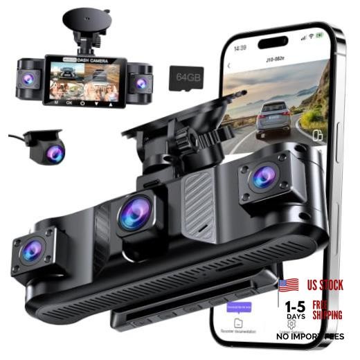4 Channel 360° Dash Cam Front and Rear Inside with 5GHz WiFi 64GB Flat Black