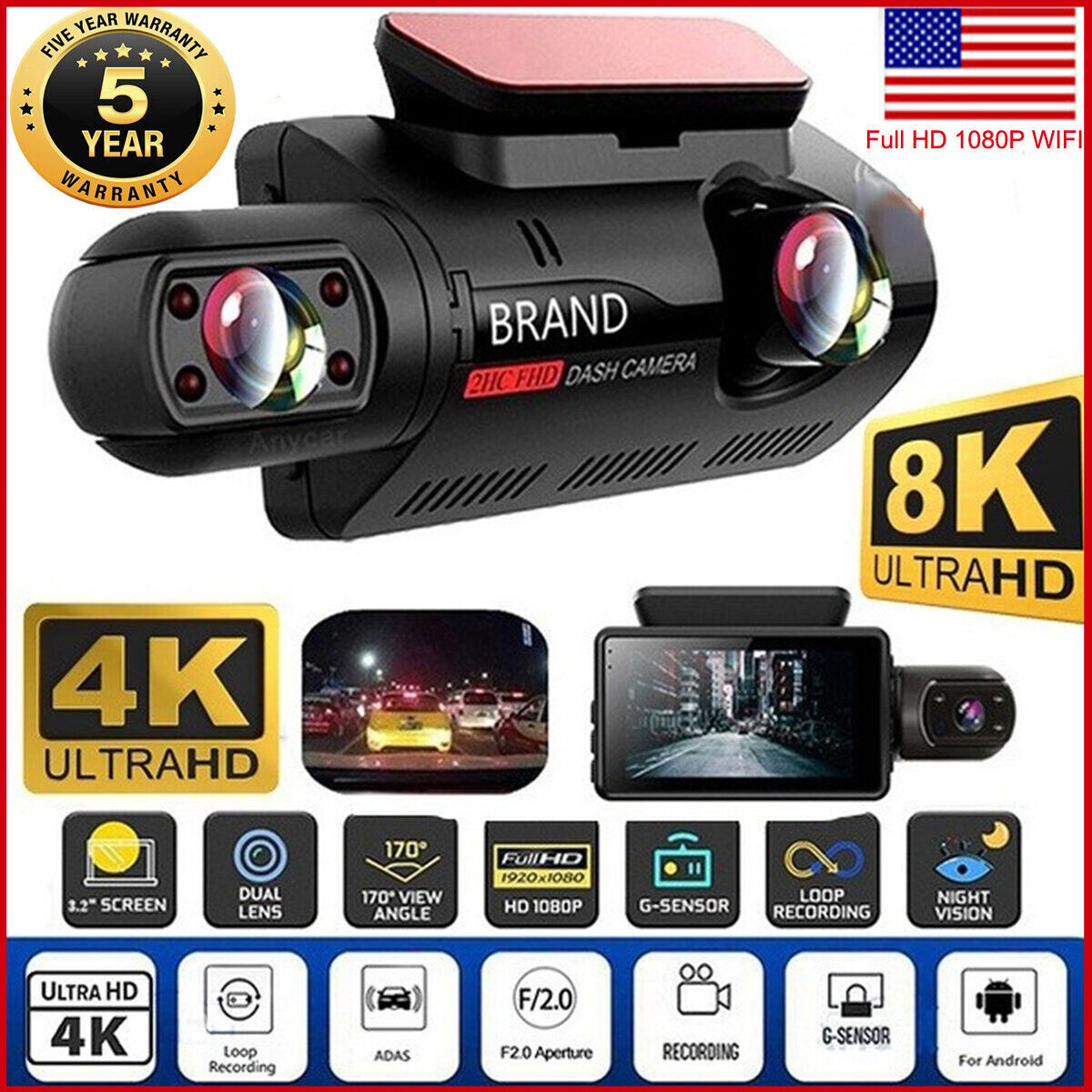 1080P Dual Lens Car DVR Dash Cam Video Recorder G-Sensor Front and Inside Camera