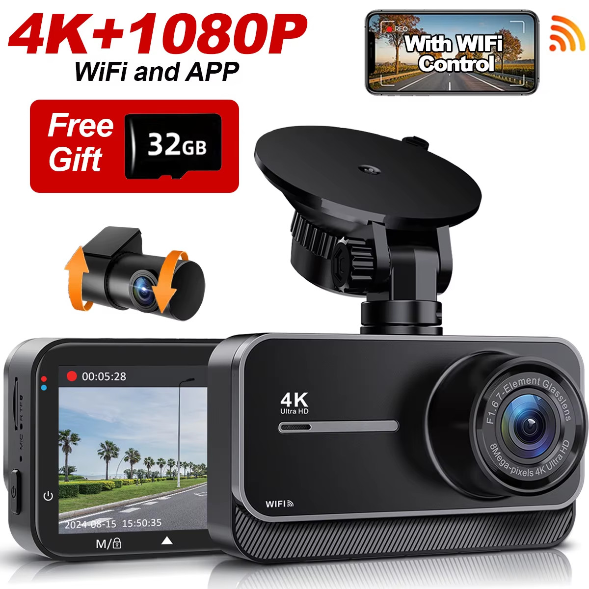 Dashcam 4K Wifi Car Recording Camera DVR Video Recorder Black Box Front and Rear