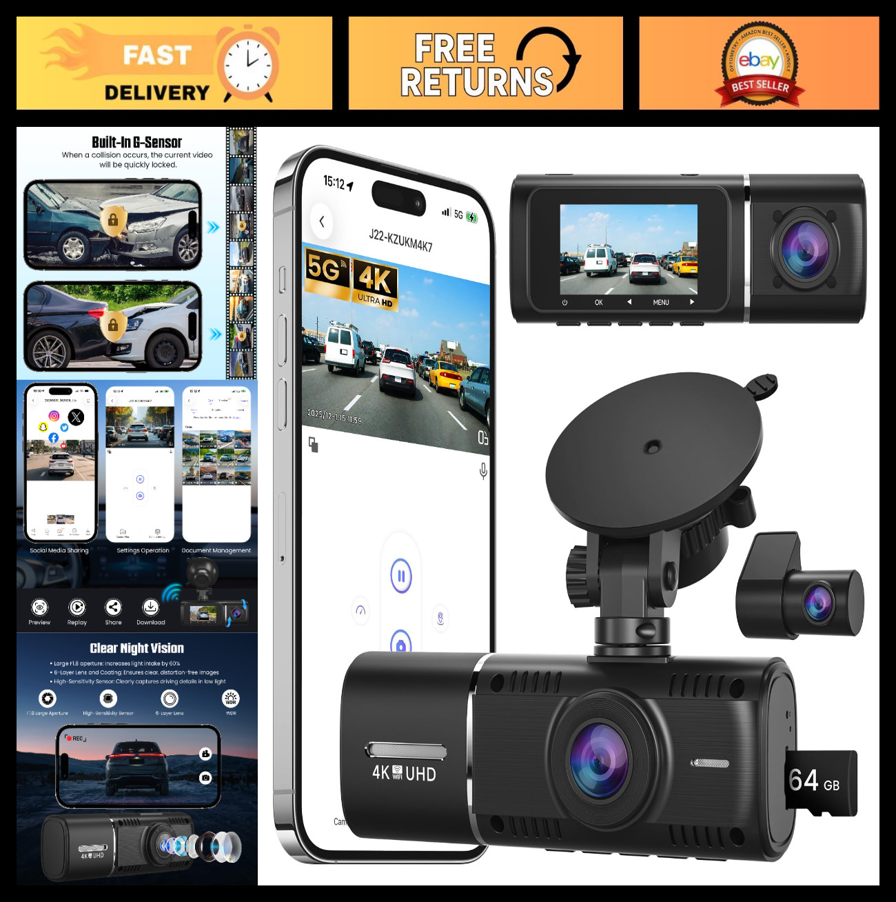 4K Front & Rear Dash Cam, 1.97″ Display, Wi-Fi APP, Night Vision, 170° Wide Angl