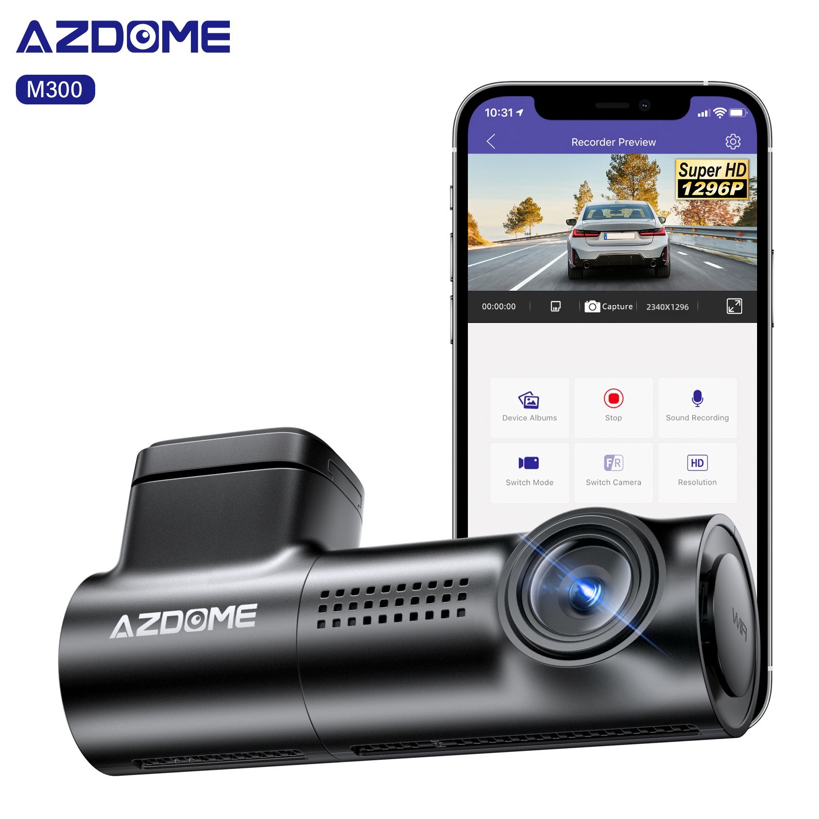 AZDOME Small Dash Cam for Cars WiFi 1296P FHD Parking Modes Loop Recording 1080P