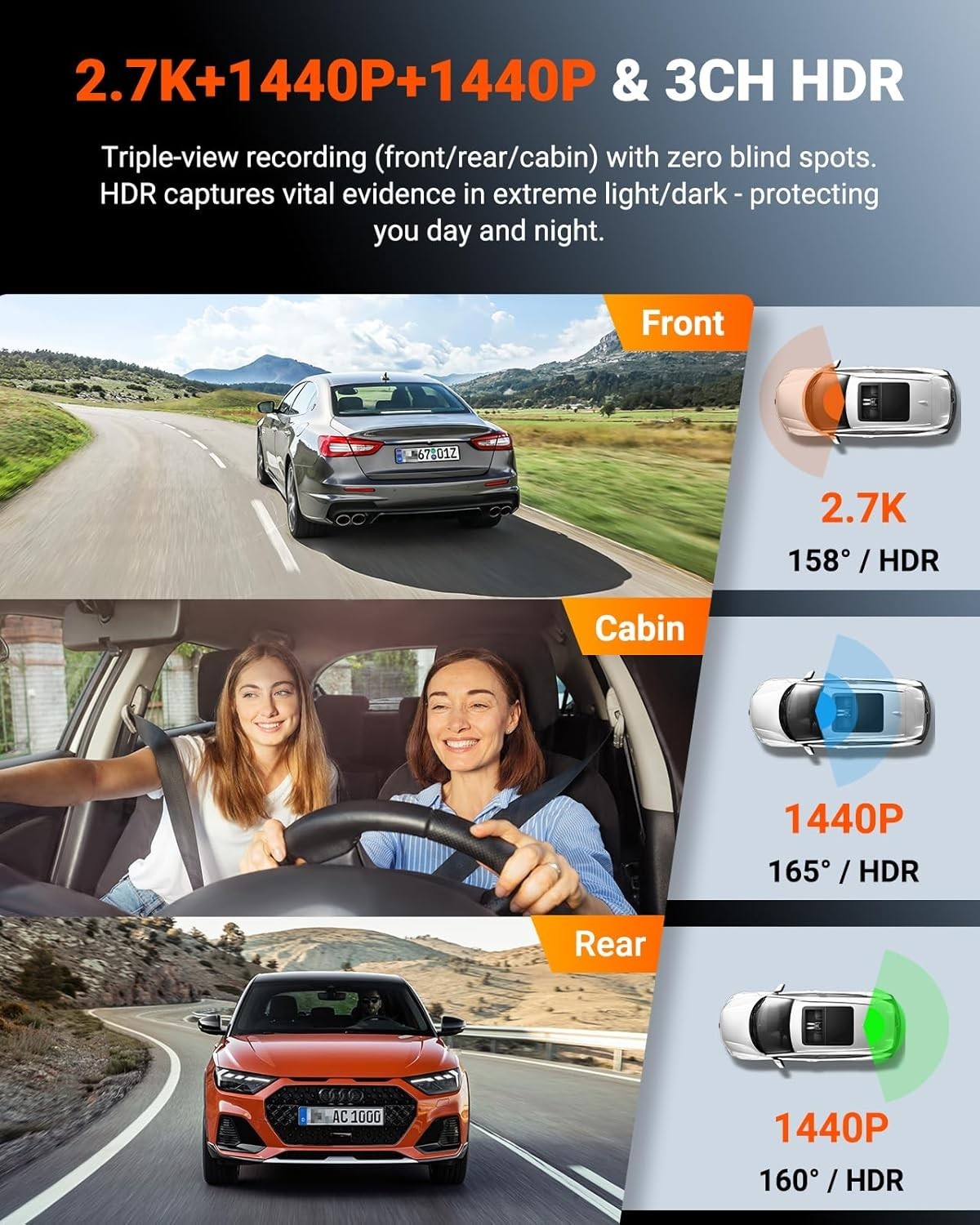 Vantrue N4S 3 Channel Front Inside Rear Dash Cam WiFi GPS LTE Support
