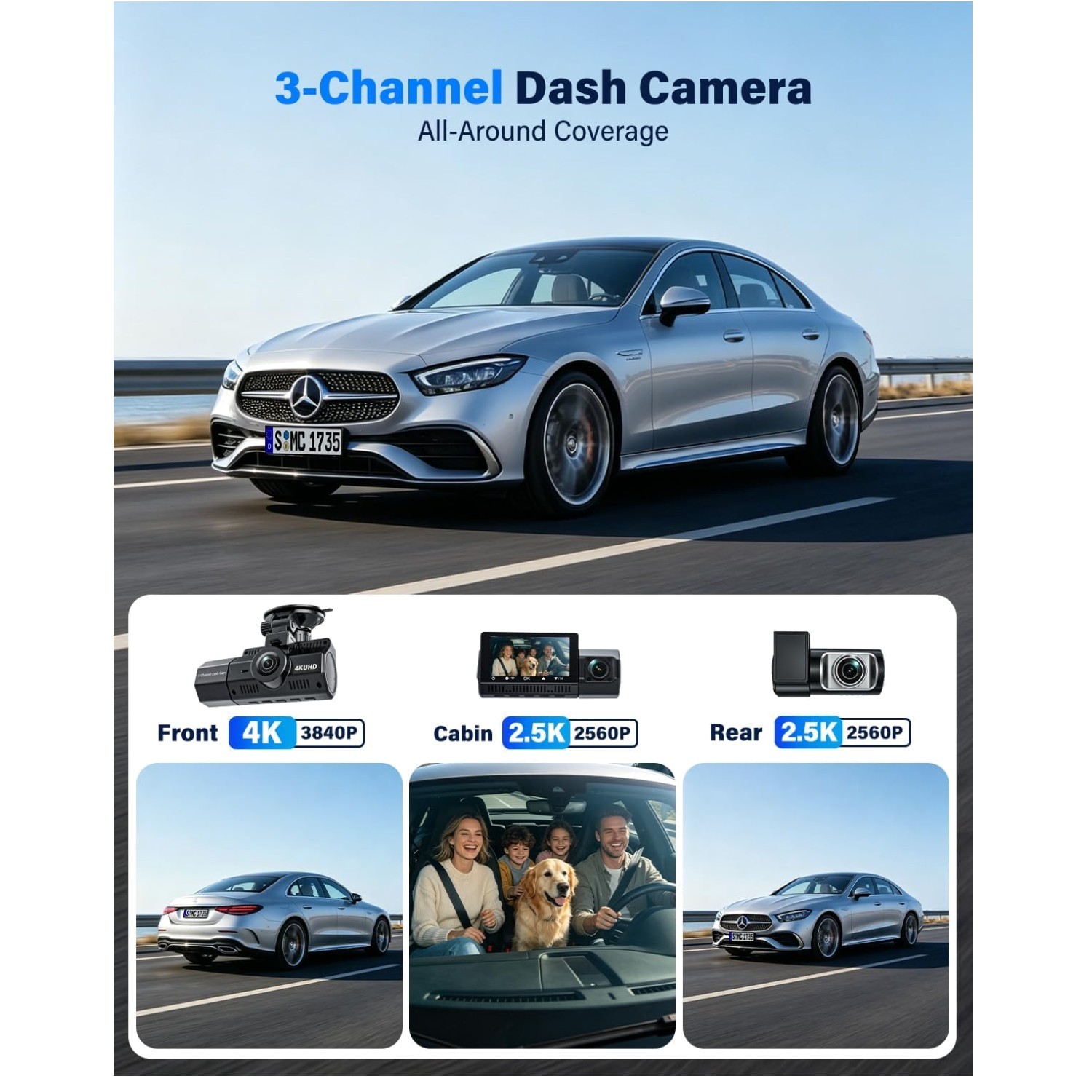 4K+2.5K+2.5K 3-Channel Dash Cam, STARVIS 2, 64GB Card