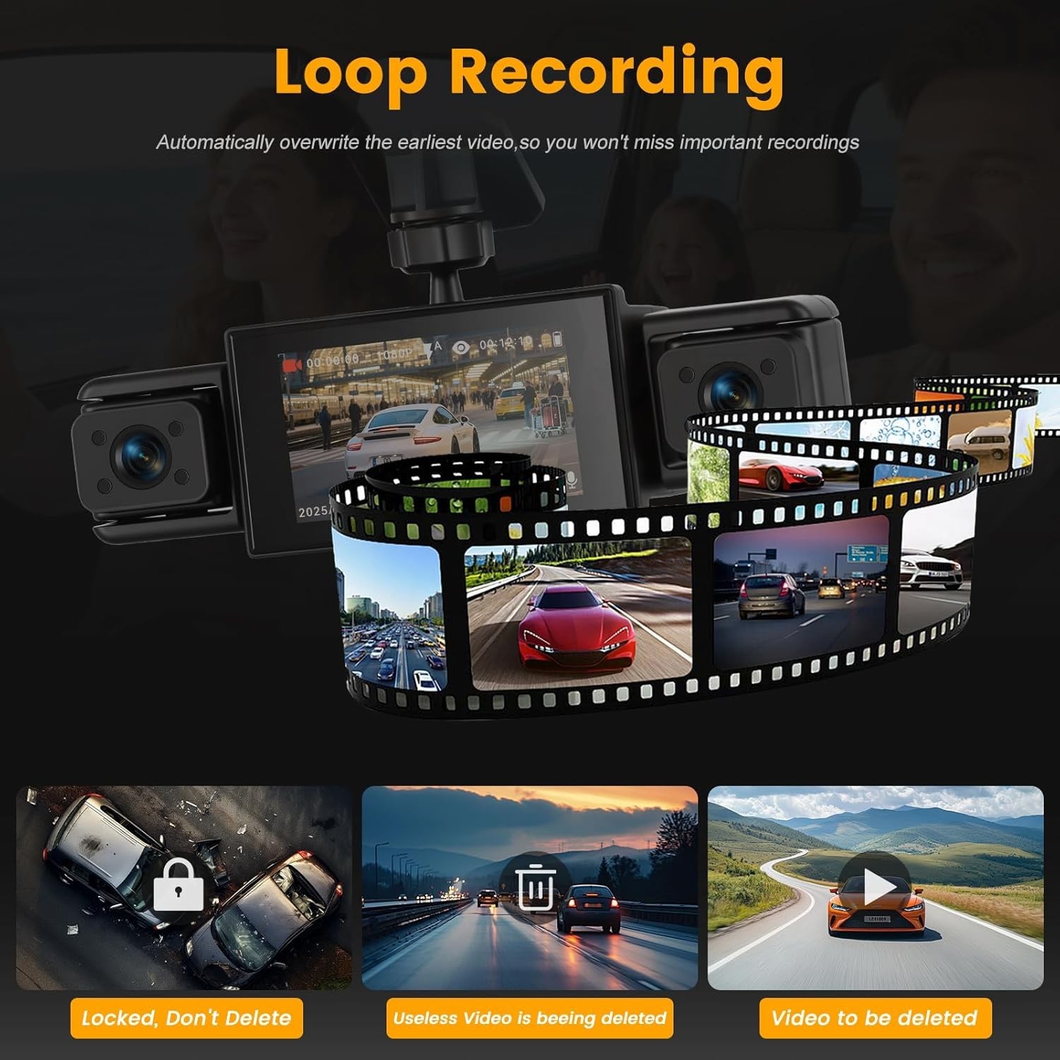 Dash Cam 3 Inch 1080P 4 Channel Dash Camera for Cars with Driving Loop Record…