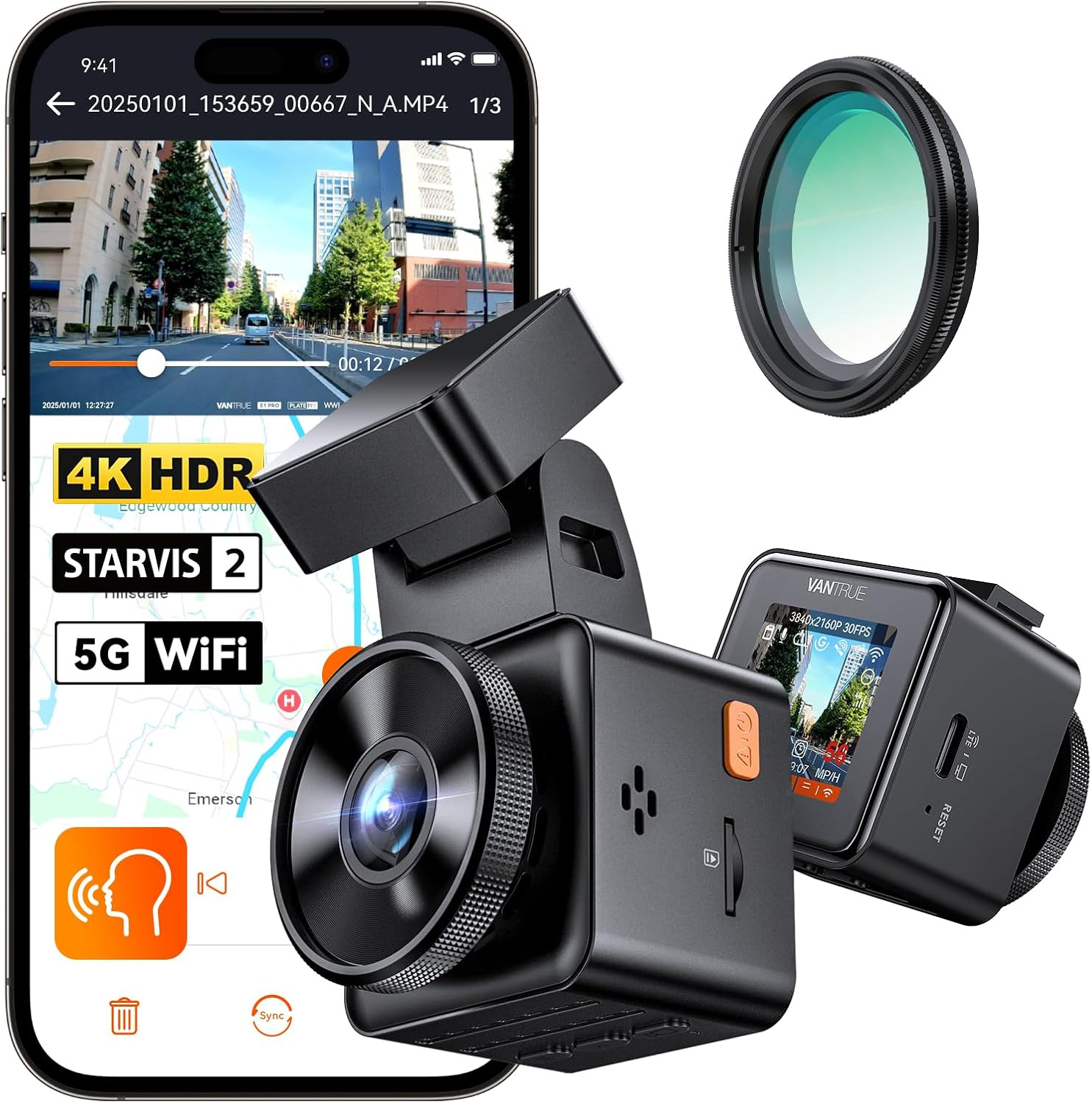 E1 Pro 4K Mini Dash Cam Front, STARVIS 2 Platepix HDR Night Vision Car Camera, B