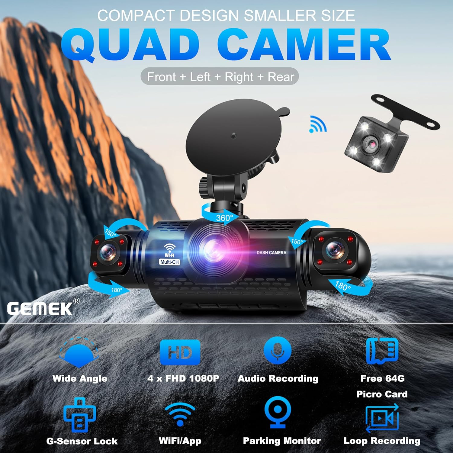 360 Degree View 4 Channel Dash Cam 5G WiFi & App Control, GEMEK 2K Front and Rea