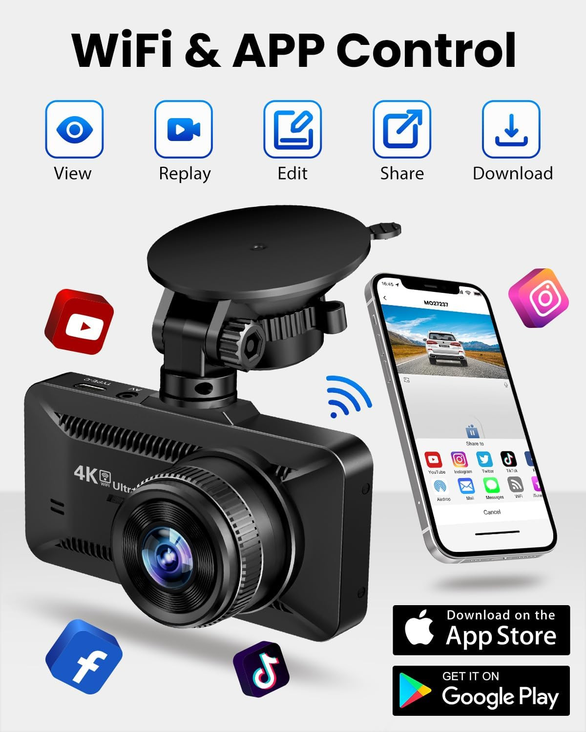 Dash Cam Front Rear 4K/1080P, Dash Camera for Cars Build in Wifi, Full HD Dash C