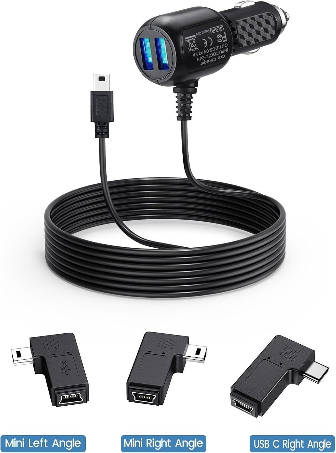 Extra Long Dash Cam Power Cord with Dual USB Ports and USB C Compatibility