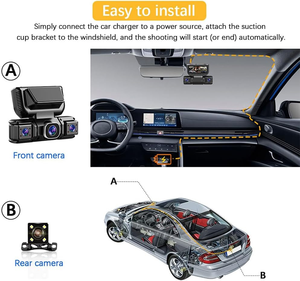 Dash Cam 4 Channel 360°Front Rear Inside Night Vision FHD 1080P Car Camera 32GB