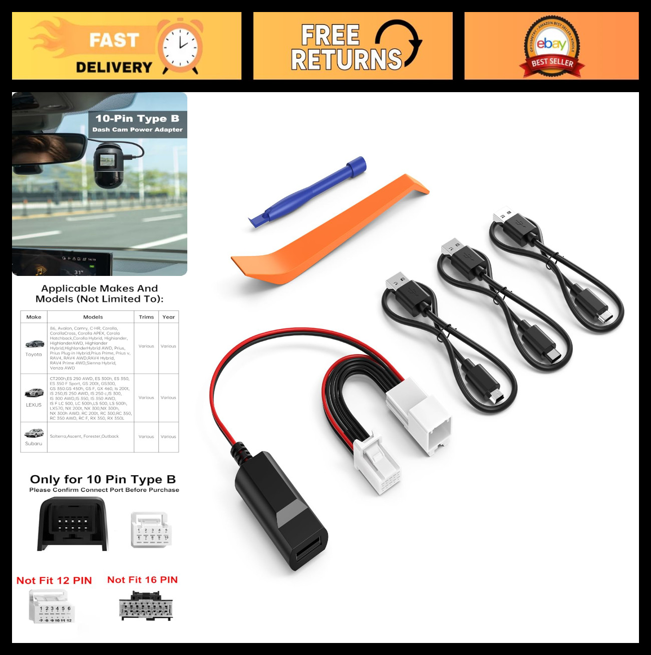 10 PIN Type B Dash Cam Power Adapter for Toyota, Lexus, Subaru – USB Cable Compa