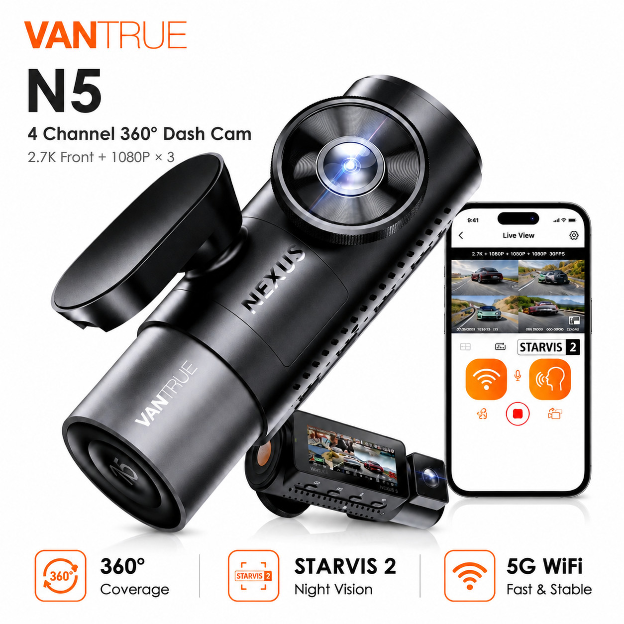 Vantrue N5 4 Channel 360 Dash Cam 2.7K Front Rear Inside STARVIS 2 WiFi GPS
