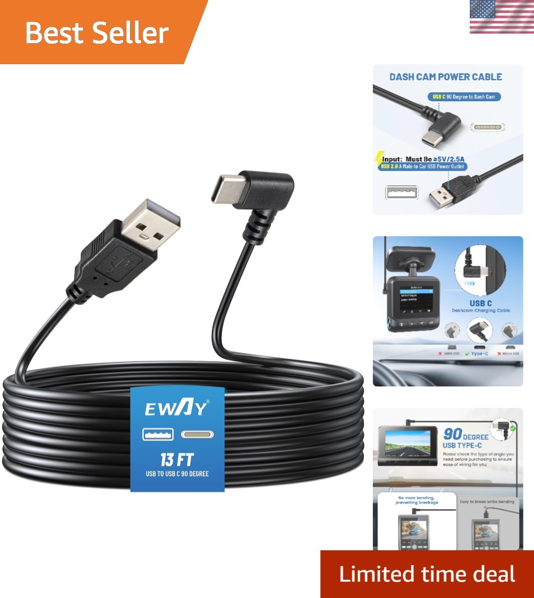 13FT USB C Dash Cam Power Cord – 90 Degree USB-A to Type-C Cable, Stable Power