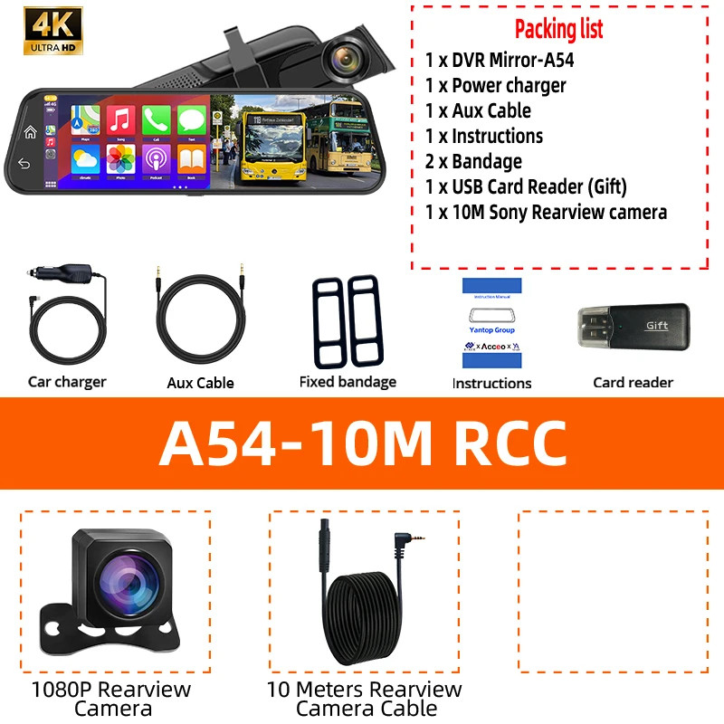 E-ACE 4K Mirror Dash Cam CarPlay Android Auto Touch Screen Night Vision GPS
