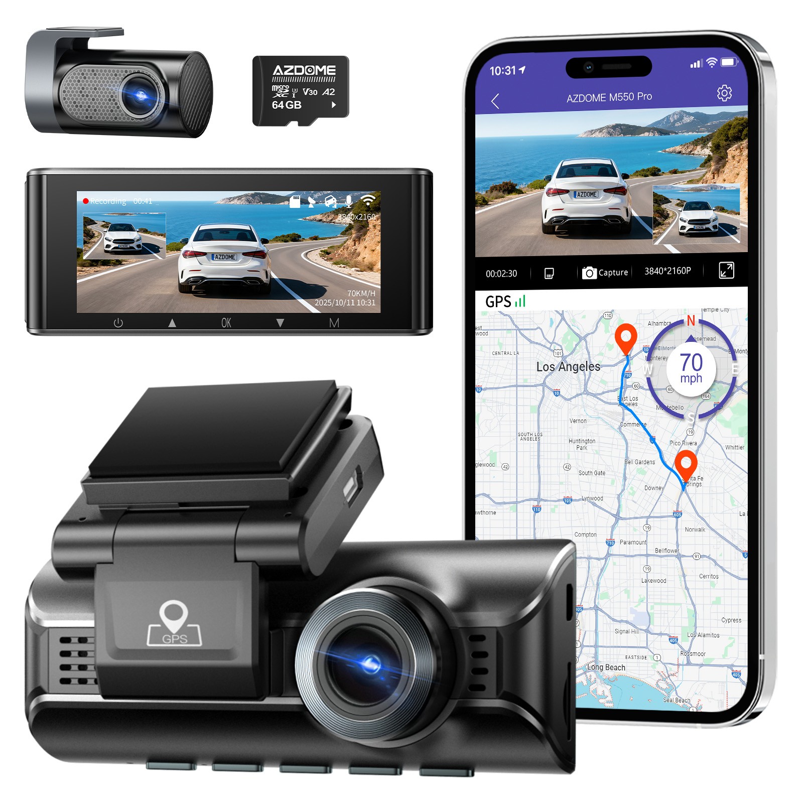 AZDOME 2CH 3.19″ IPS 4K+2.5K Dash Cam 5GWiFi GPS Parking Mode Voice Control ADAS