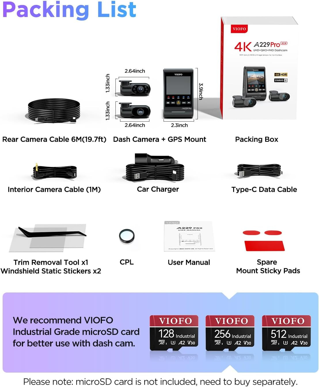 A229 Pro 3 Channel 4K HDR Dash Cam, Dual STARVIS 2 Sensors IMX678 & IMX675, 4K+2