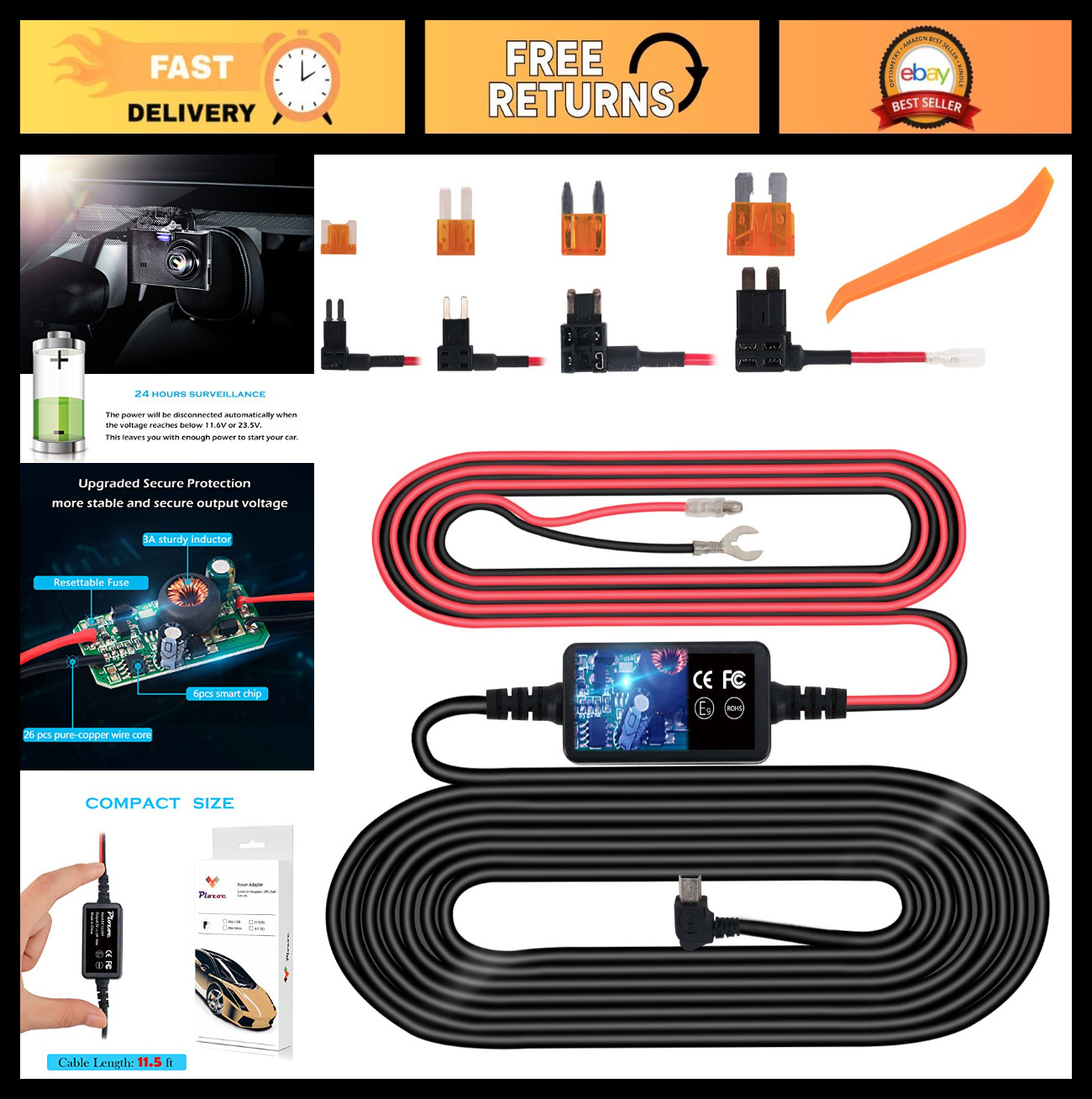 Hardwire Kit for Dash Cam, Mini USB 12V-24V to 5V Charger with Fuse Tap & Tools,