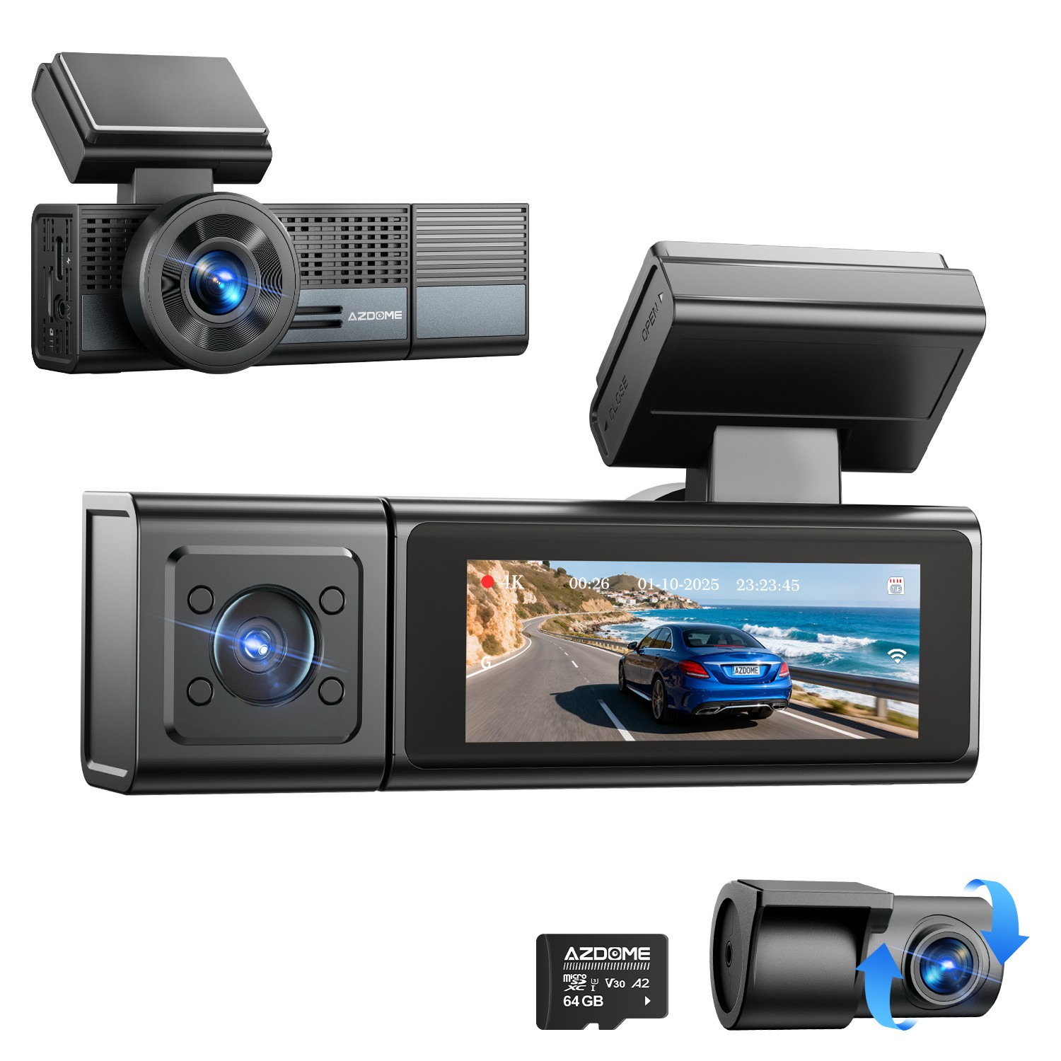 AZDOME 3 Channel 4K Dash Camera Wi-Fi 24H Parking Mode Night Vision 64GB SD Card