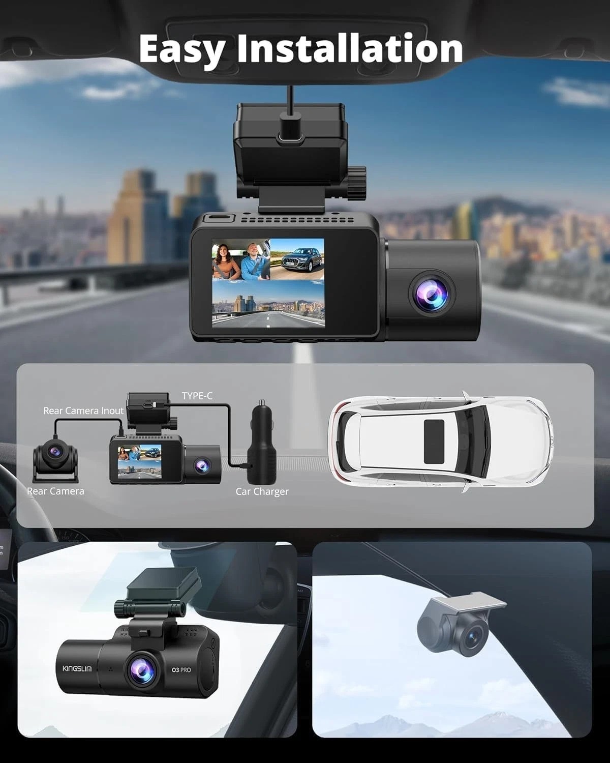 3 Channel 5G WiFi Dash Cam with 64GB Card, 2.5K/1080P Front and Rear Inside D…