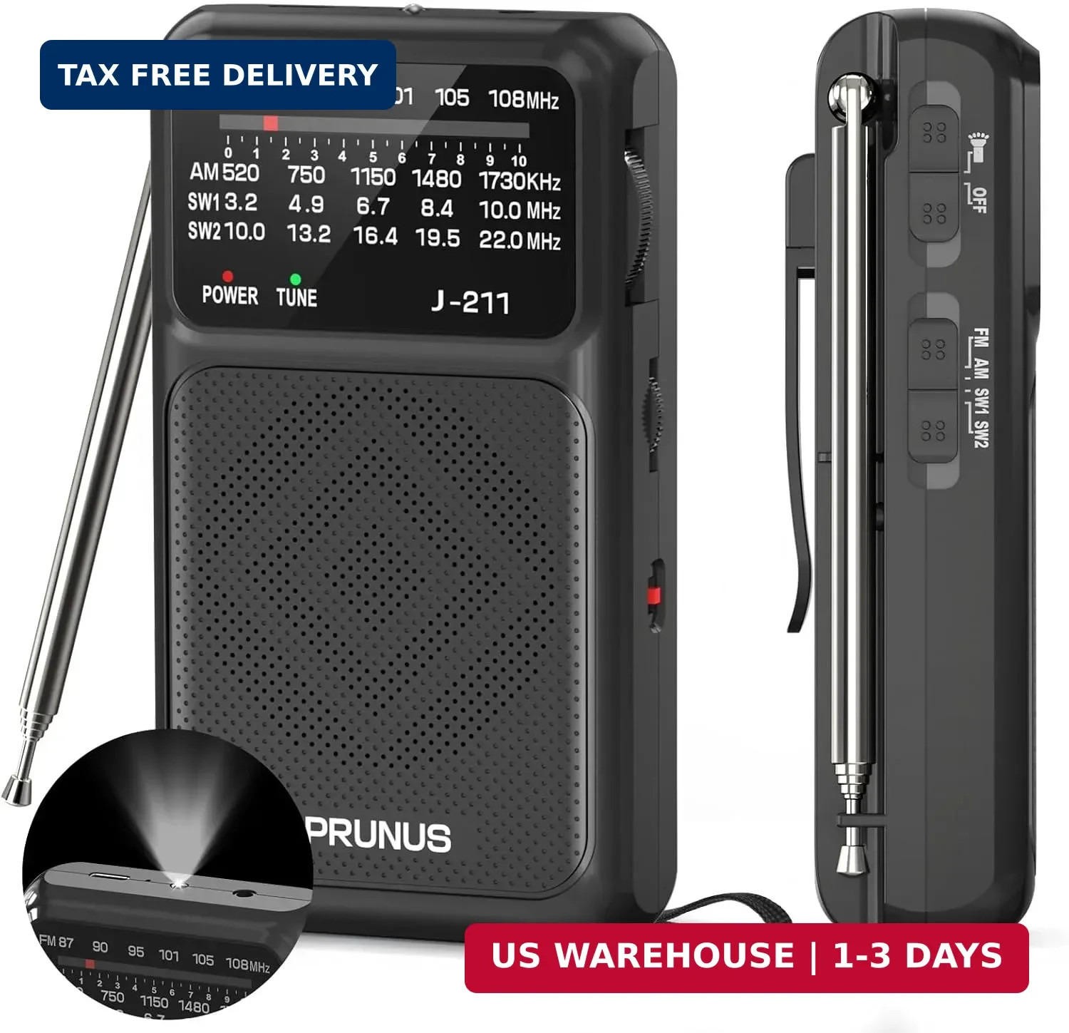 PRUNUS J-211 Portable Radio AM FM with USB C Charging and AA Battery Operated, T