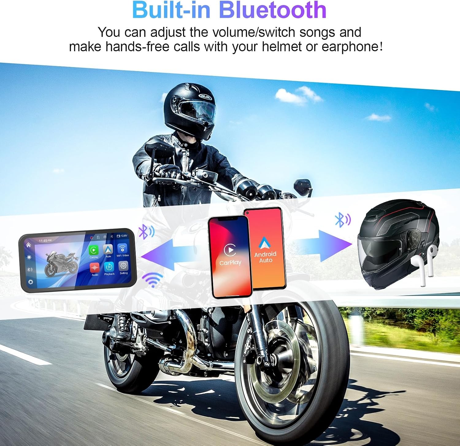 6.25 Inch Motorcycle Dash Cam, Wireless CarPlay and Android Auto