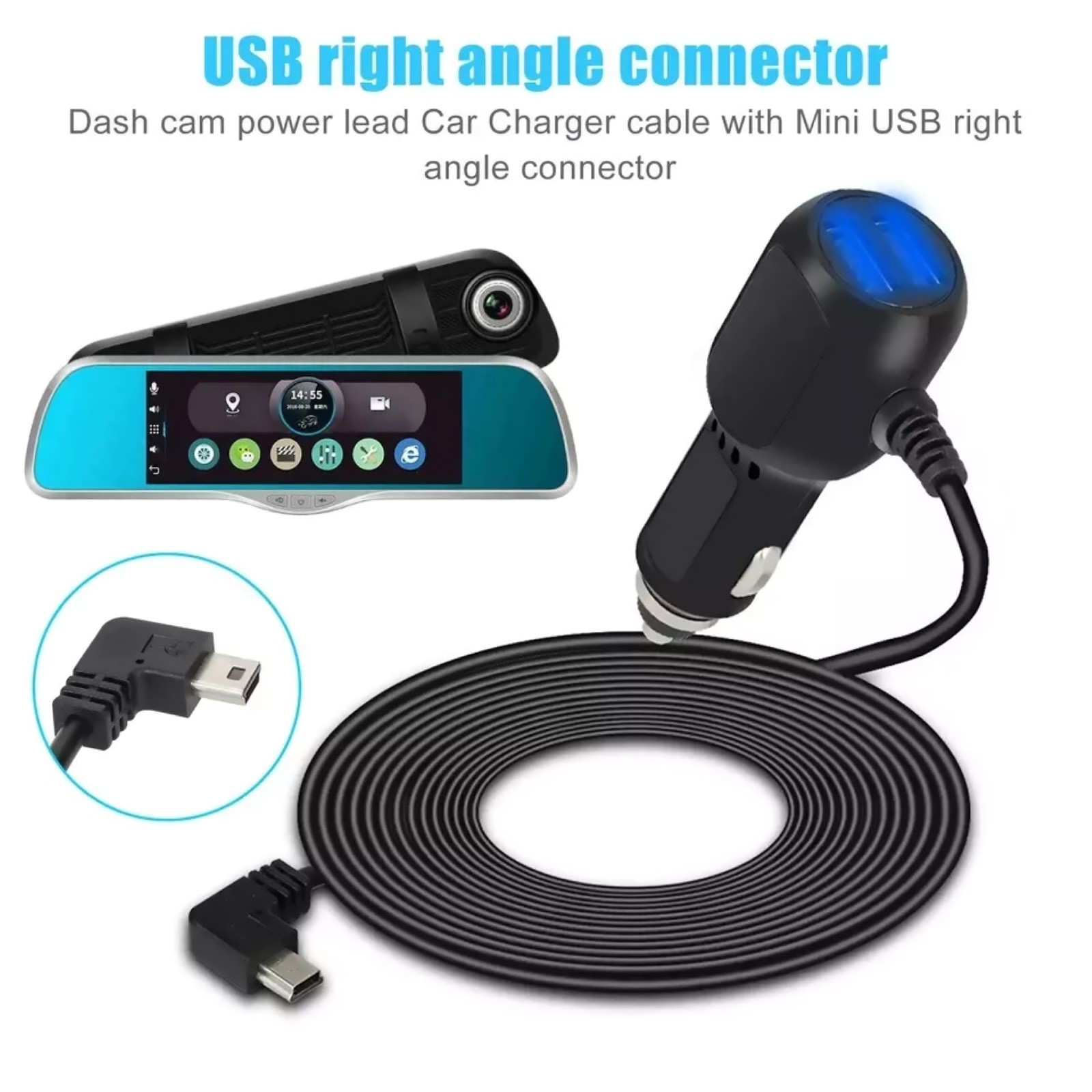 Black USB Dash Cam Car Charger Cable Power Cord Supply for DVR Camera GPS