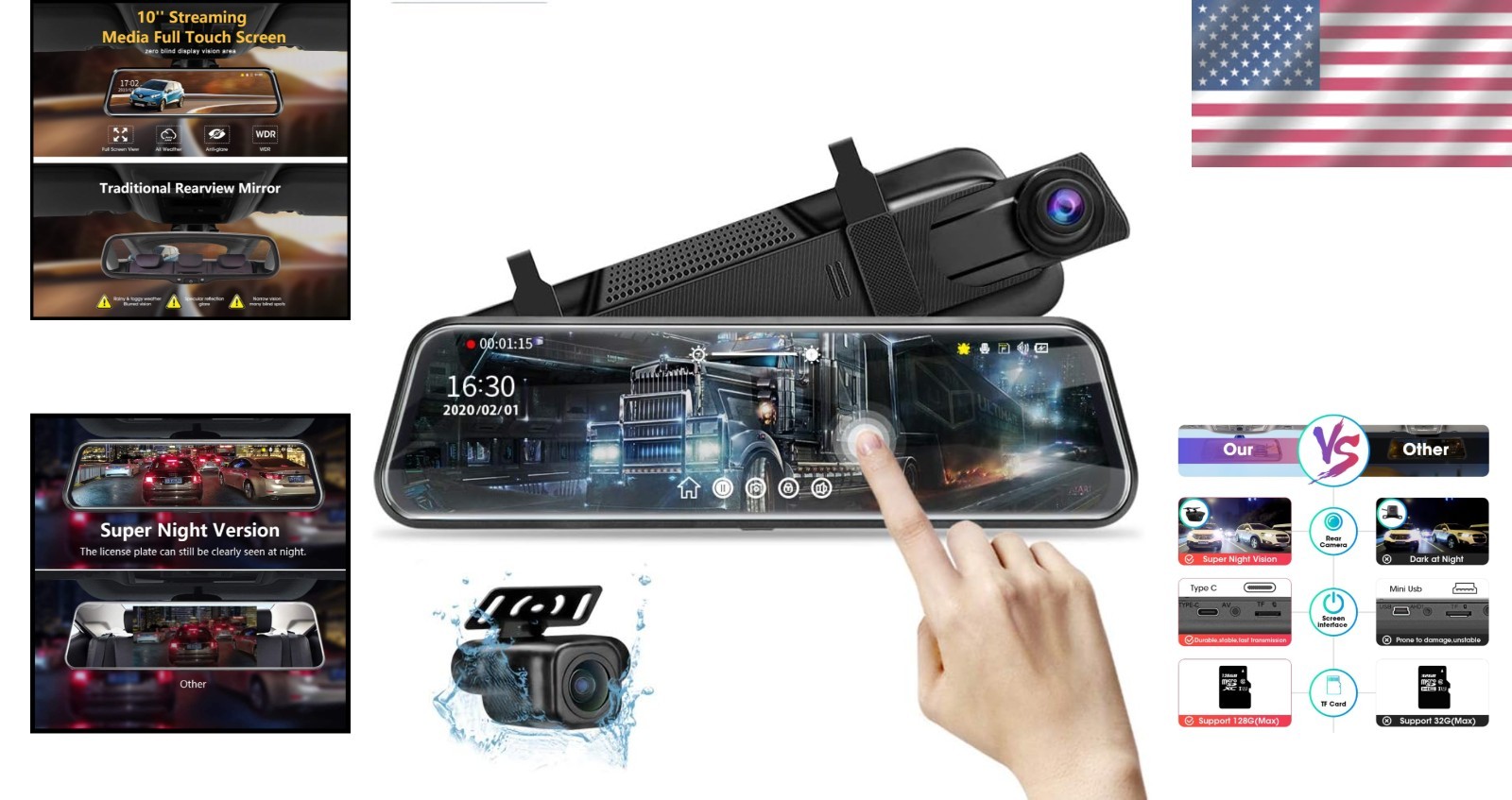 10” IPS Full Touch Screen Mirror Camera Night Vision