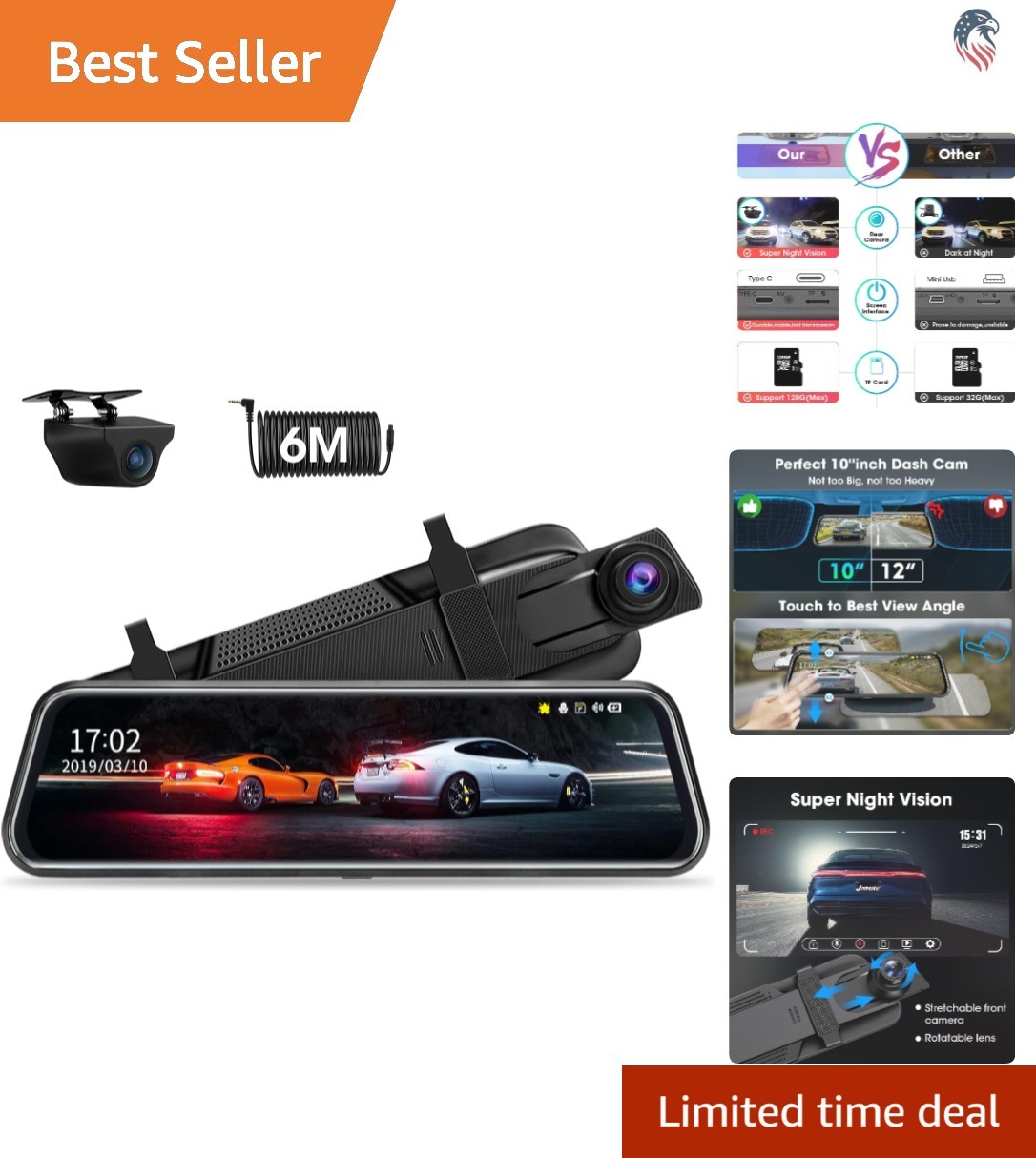 Car Dual 10 Inch Touch Screen Mirror Dash Cam 1080P Rear Camera Night Vision