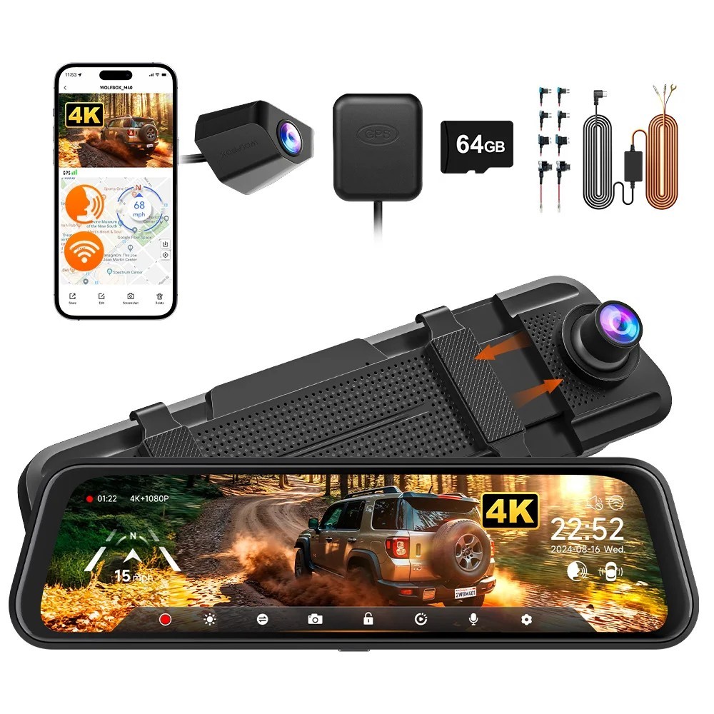 WOLFBOX M40 Dash Cam 4K 1080P Front Rear Voice Control WiFi GPS 64GB