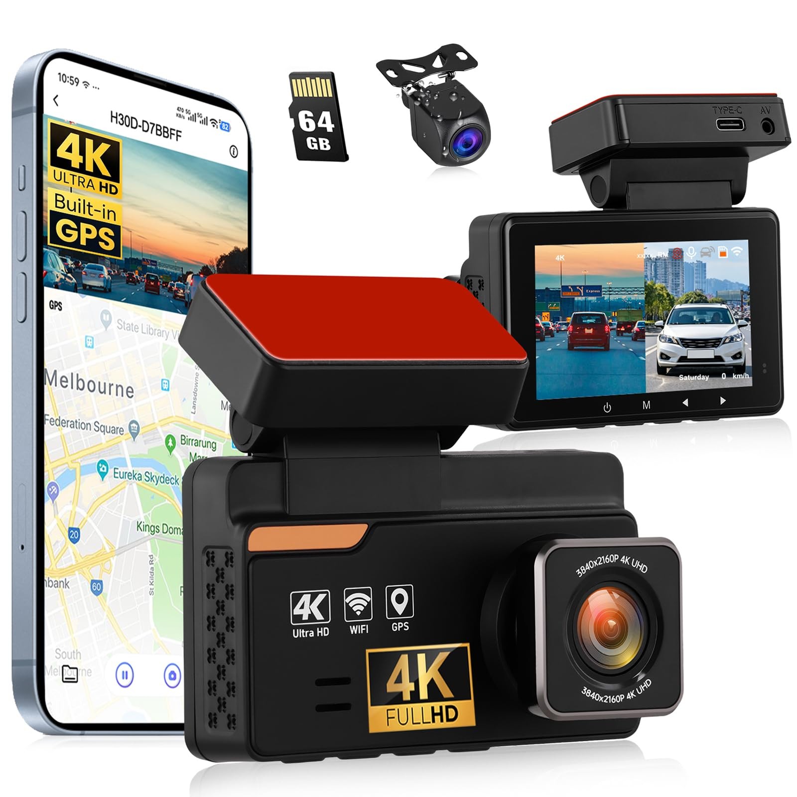 SIXTOP 4K Dash Cam Front and Rear, 4K+1080P Dual Dash Camera for Cars with 64…
