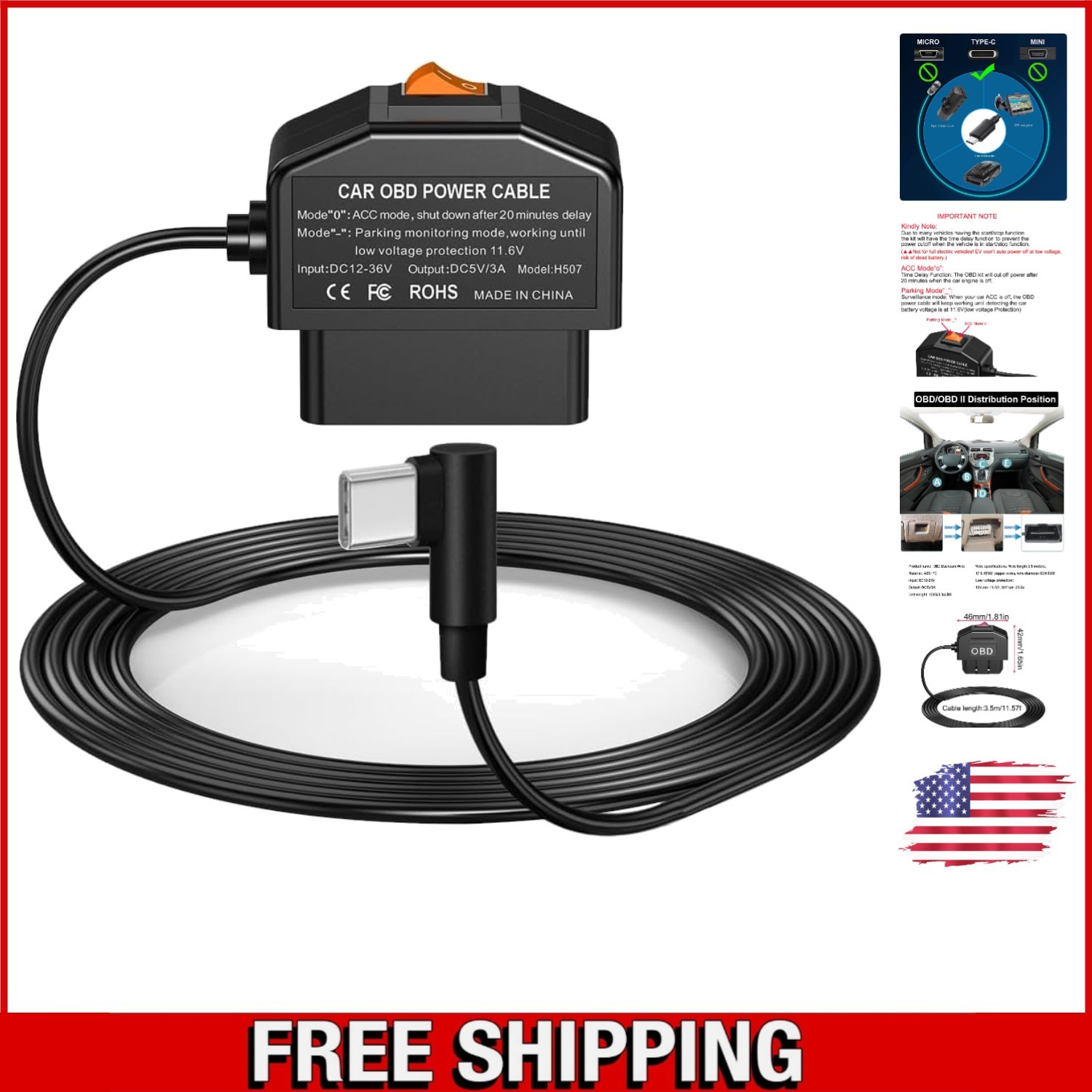 Effortless Dash Cam Hardwire Kit with OBD Connection for 24h Parking Monitoring