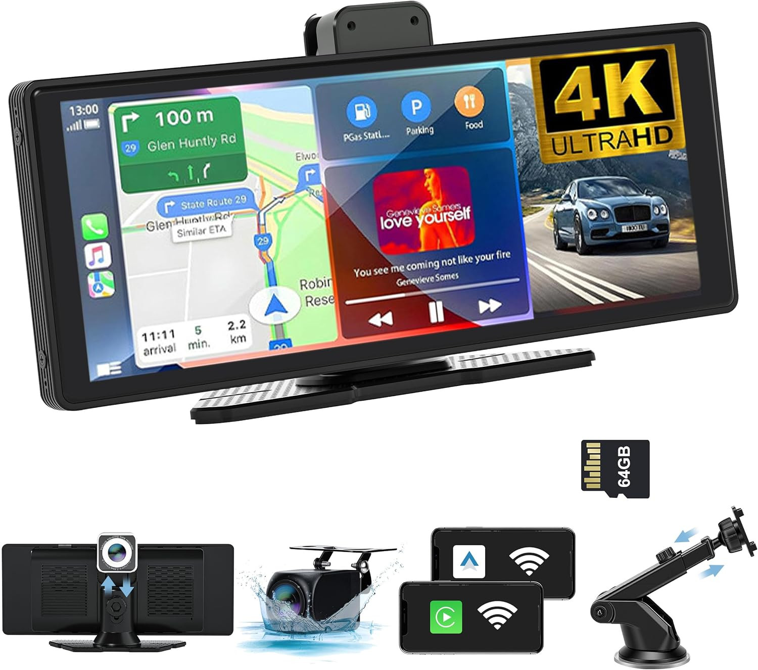 10.26″ Wireless Carplay Screen with 4K Dash Cam & 1080P Backup Camera
