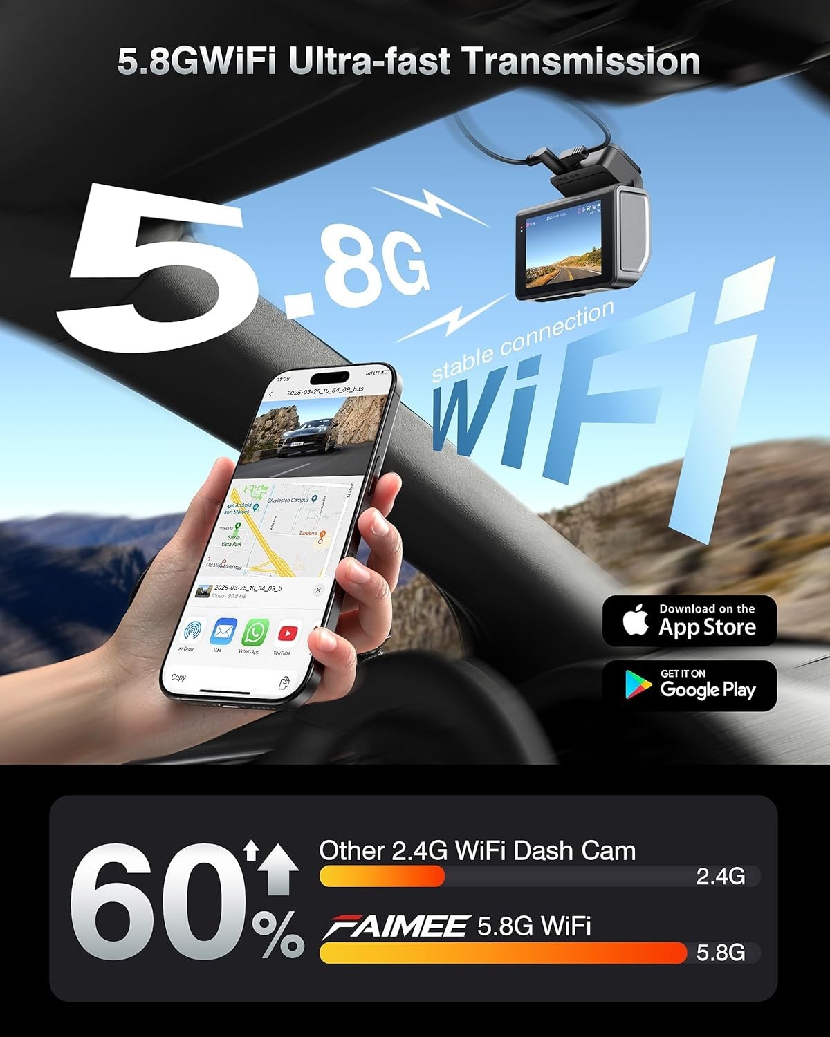 4K+2K Dash Cam Front & Rear, Dash Camera for Cars 2 Channel, 64GB Card Dual WiFi