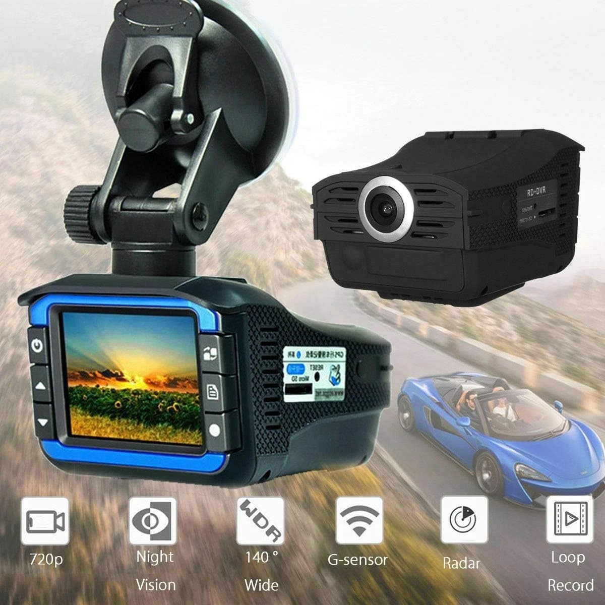 Car DVR Radar Detector 720P HD Dash Cam 140° Wide Angle Night Vision G-Sensor