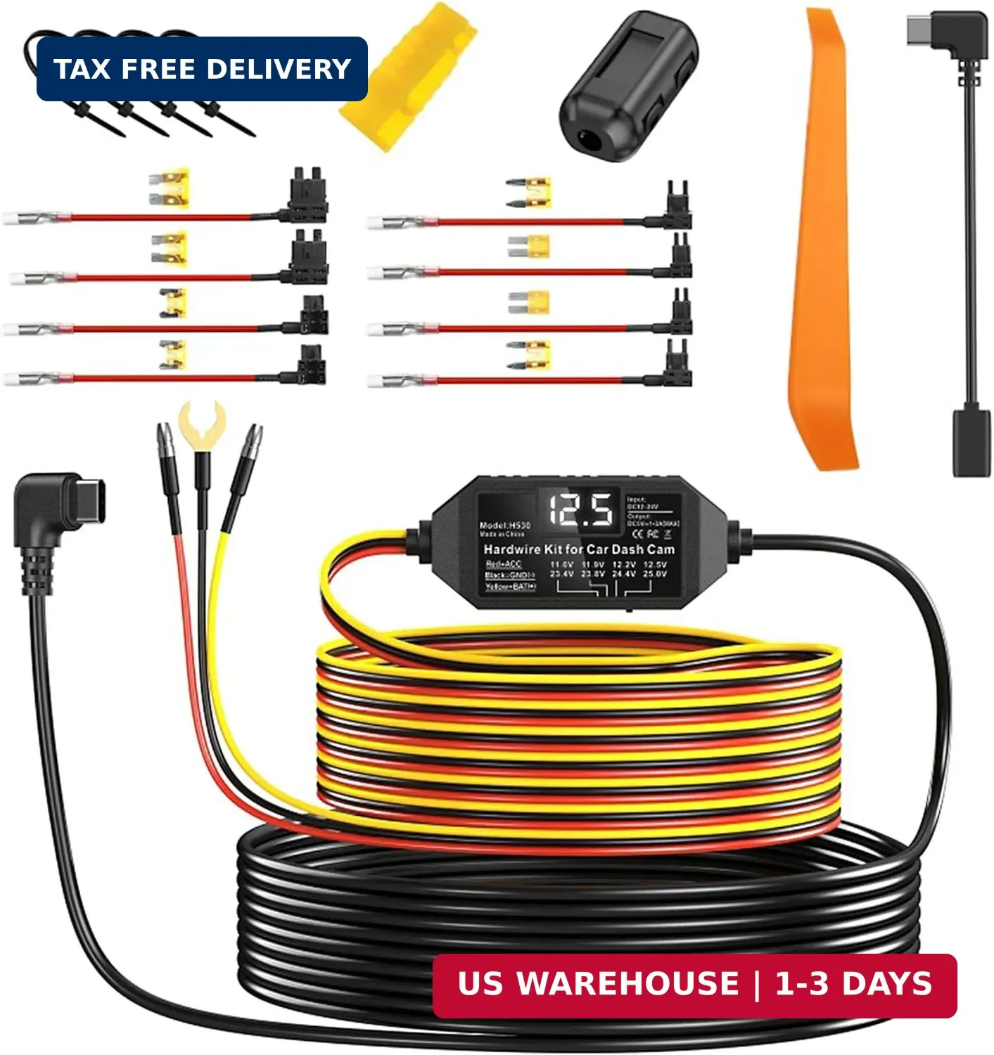 USB C Dash Cam Acc Hardwire Kit Right Angle Port with LED Voltmeter, 11.5ft Mult