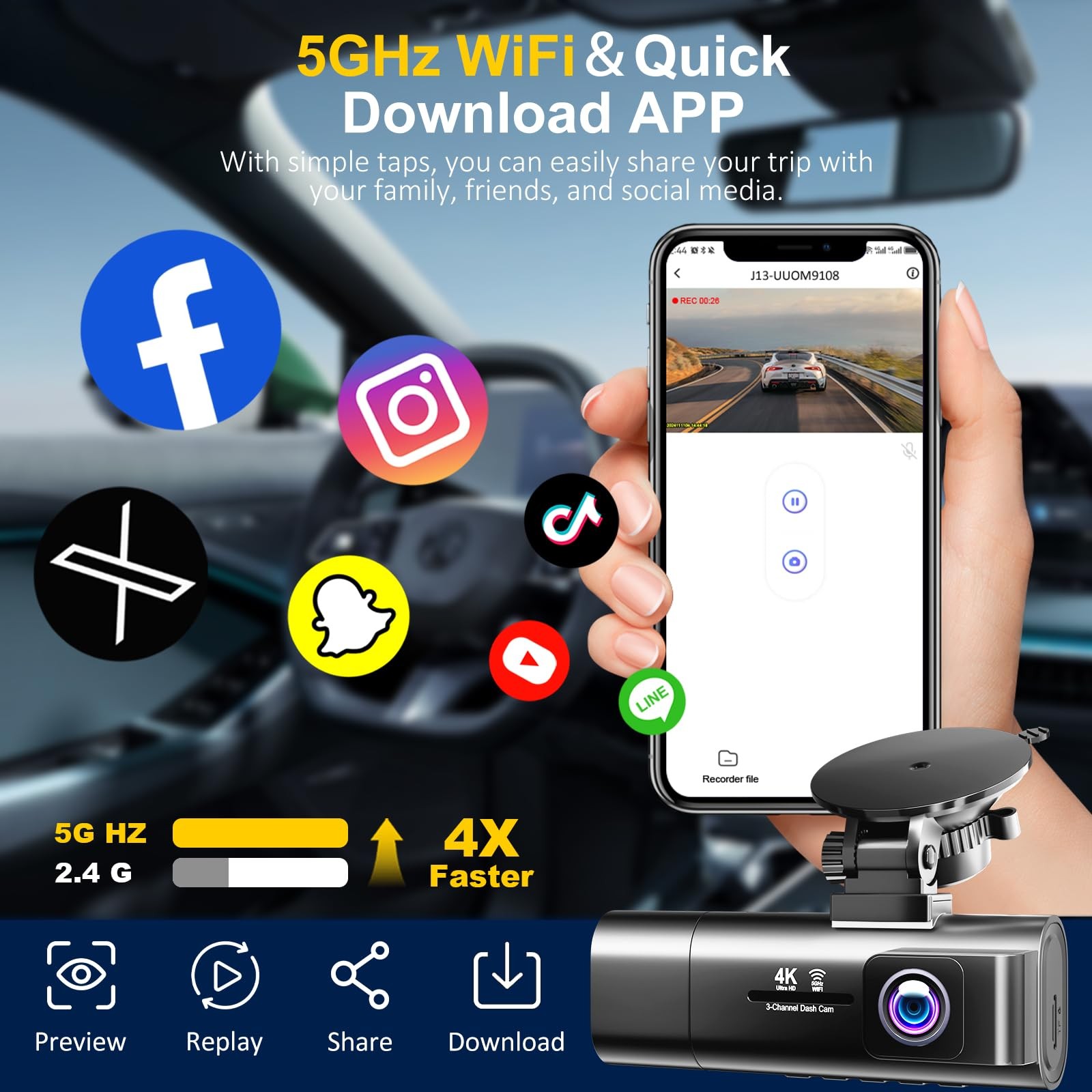 4K Dash Cam Front and Rear Inside,3.16″ IPS,3 Channel Dash Cam for Car with 5…