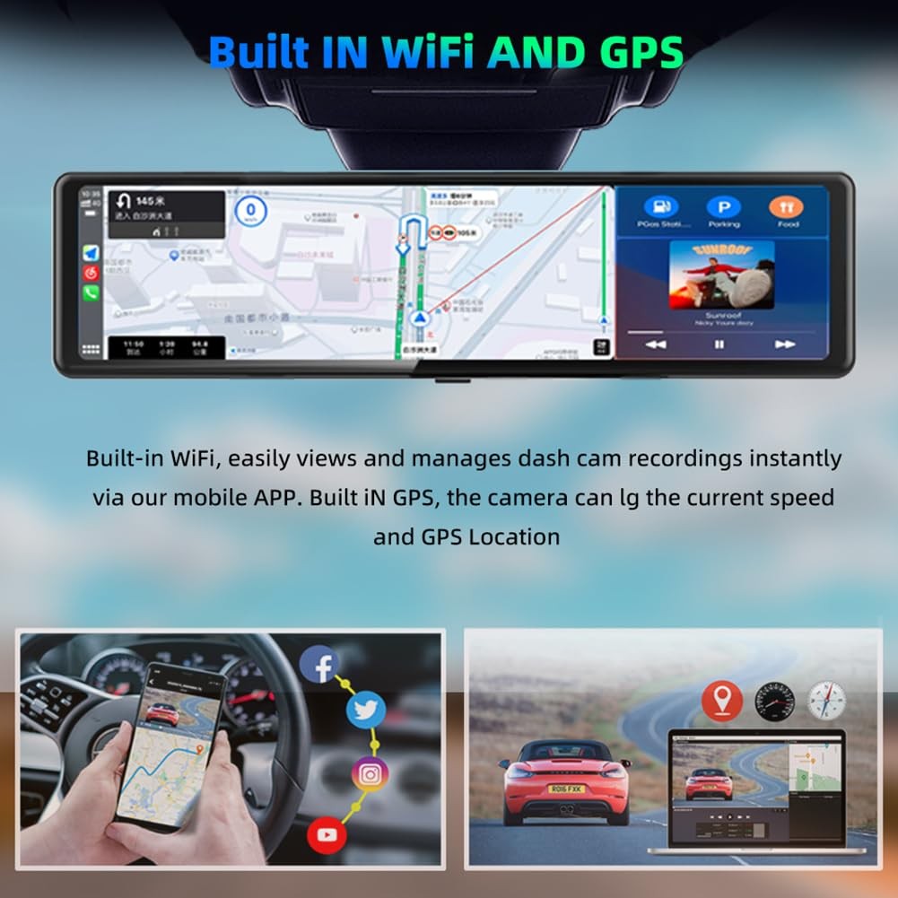 Wireless Carplay Screen 11.26 Inch 4K FHD Rearview Mirror Driving Recorder wi…